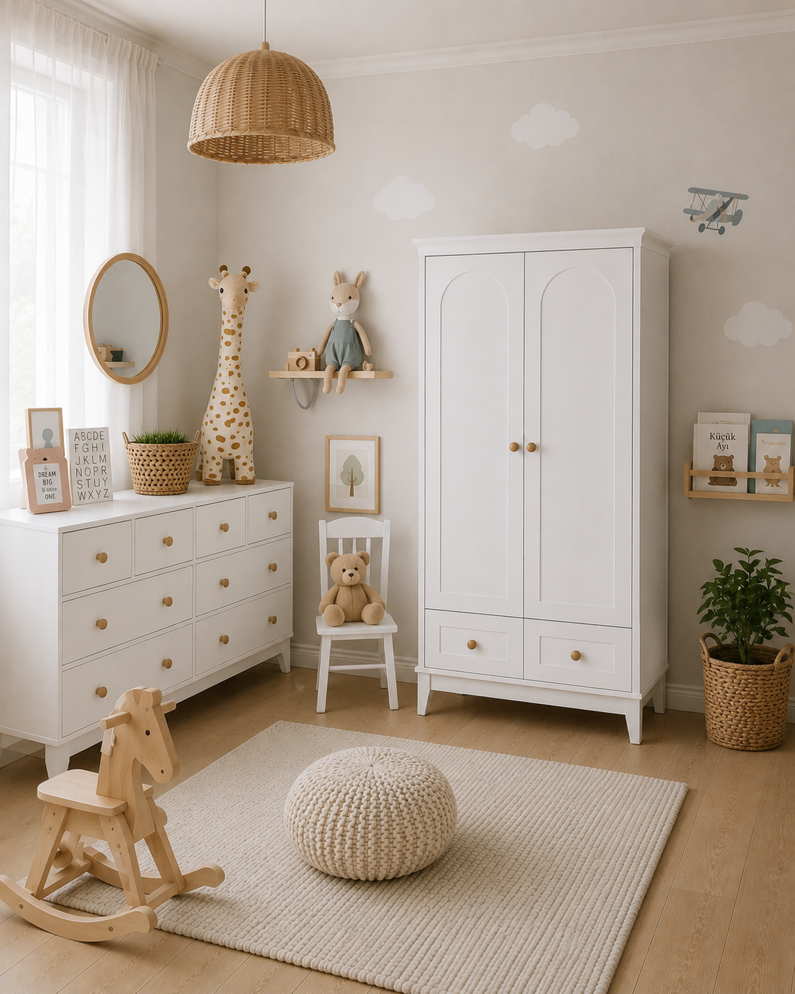 %100 MDF .Oslo 2 Kapılı Bebek&Çocuk Gardırop & Bonnie 8 Çekmeceli Şifonyer