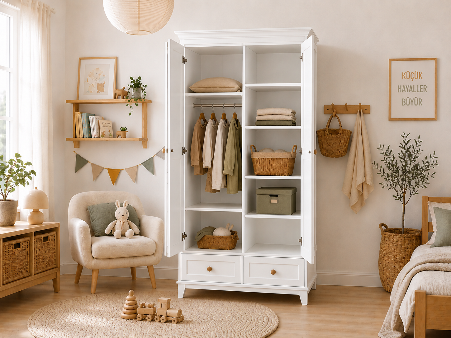%100 MDF .Oslo 2 Kapılı Bebek&Çocuk Gardırop & Bonnie 8 Çekmeceli Şifonyer