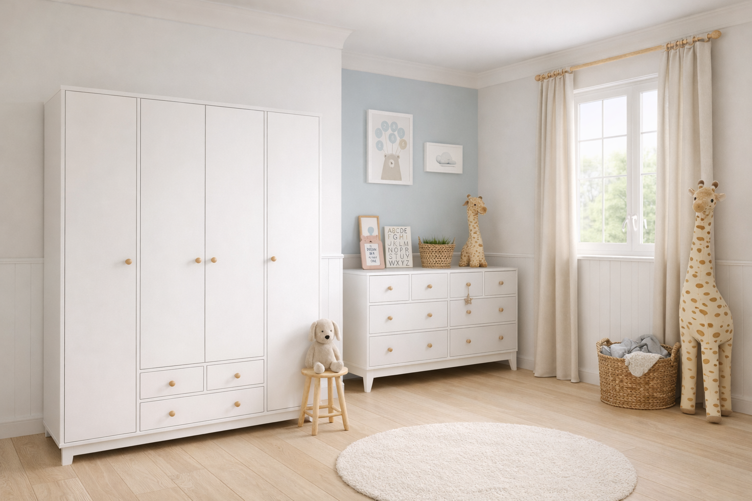 %100 MDF Bonnie 4 Kapılı Gardırop & Bonnie 8 Çekmeceli Şifonyer