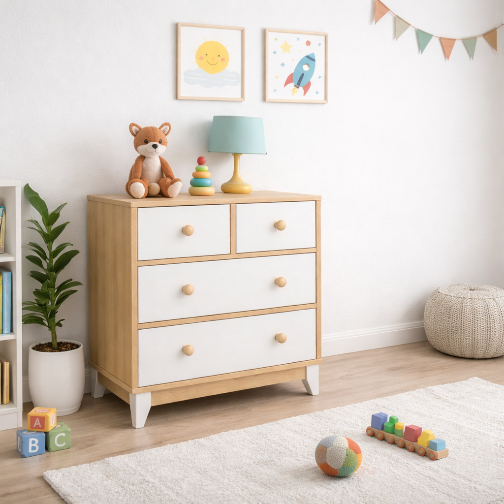 %100 MDF Bonnie Ahşap Beyaz Beşik Maxi Bebek Odası (3 Kapılı Dolap & 4 Çekmece Şİfonyer & 80x130 Büyüyen Beşik )