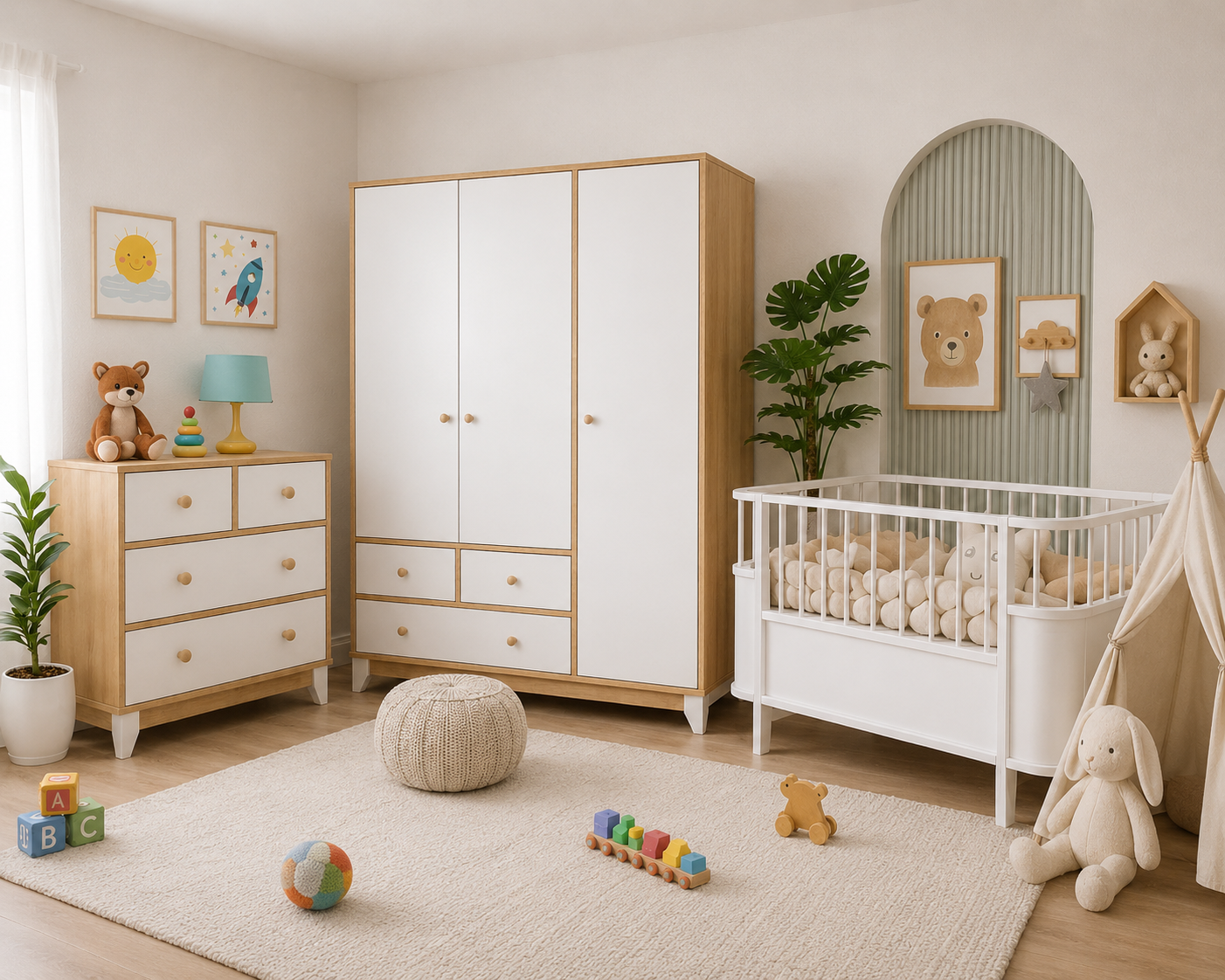 %100 MDF Bonnie Ahşap Beyaz Beşik Maxi Bebek Odası (3 Kapılı Dolap & 4 Çekmece Şİfonyer & 80x130 Büyüyen Beşik )