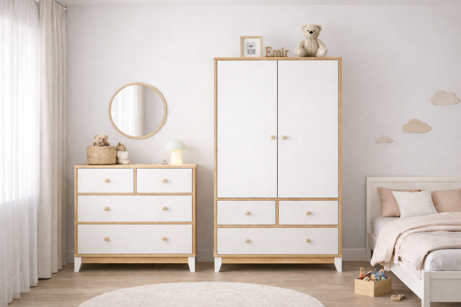 %100 MDF Bonnie Ahşap Beyaz Beşik Mini Takım ( 2 Kapılı Dolap & 4 Çekmeceli Şifonyer & 80x130 Büyüyen Beşik )