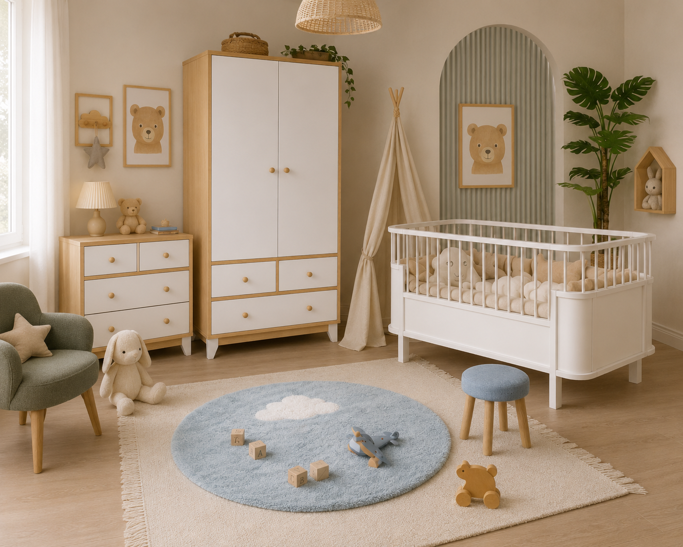 %100 MDF Bonnie Ahşap Beyaz Beşik Mini Takım ( 2 Kapılı Dolap & 4 Çekmeceli Şifonyer & 80x130 Büyüyen Beşik )