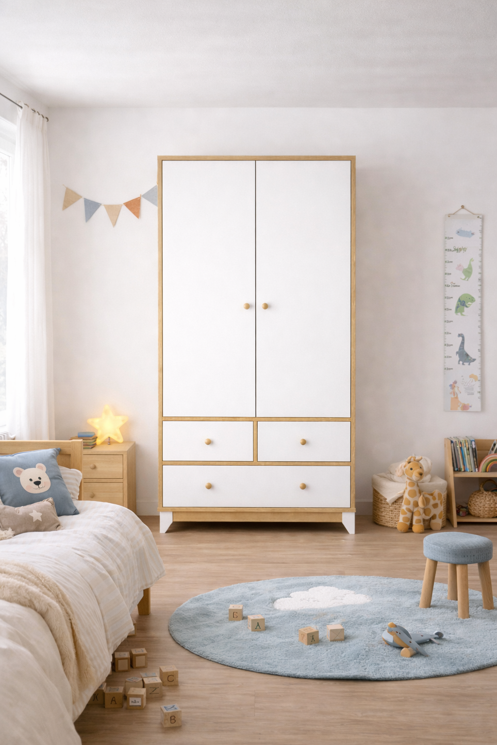 %100 MDF Bonnie Ahşap Beyaz Beşik Mini Takım ( 2 Kapılı Dolap & 4 Çekmeceli Şifonyer & 80x130 Büyüyen Beşik )