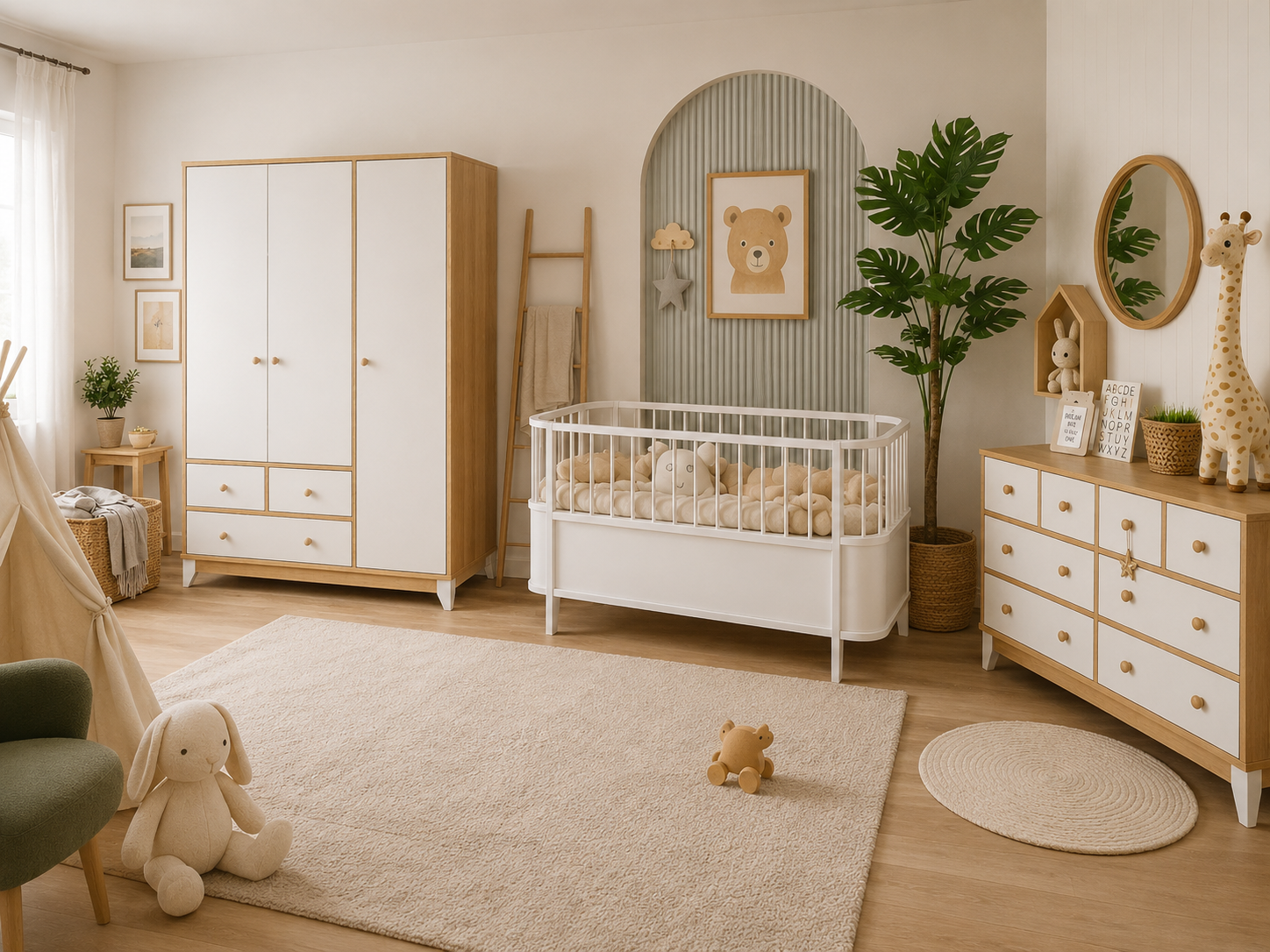 %100 MDF Bonnie Ahşap Beyaz Maxi ( Large ) Bebek Odası Takımı ( 3 Kapılı Dolap & 8 Çekmeceli Şifonyer & 80x130 ( 80x180 ) Büyüyen Beşik