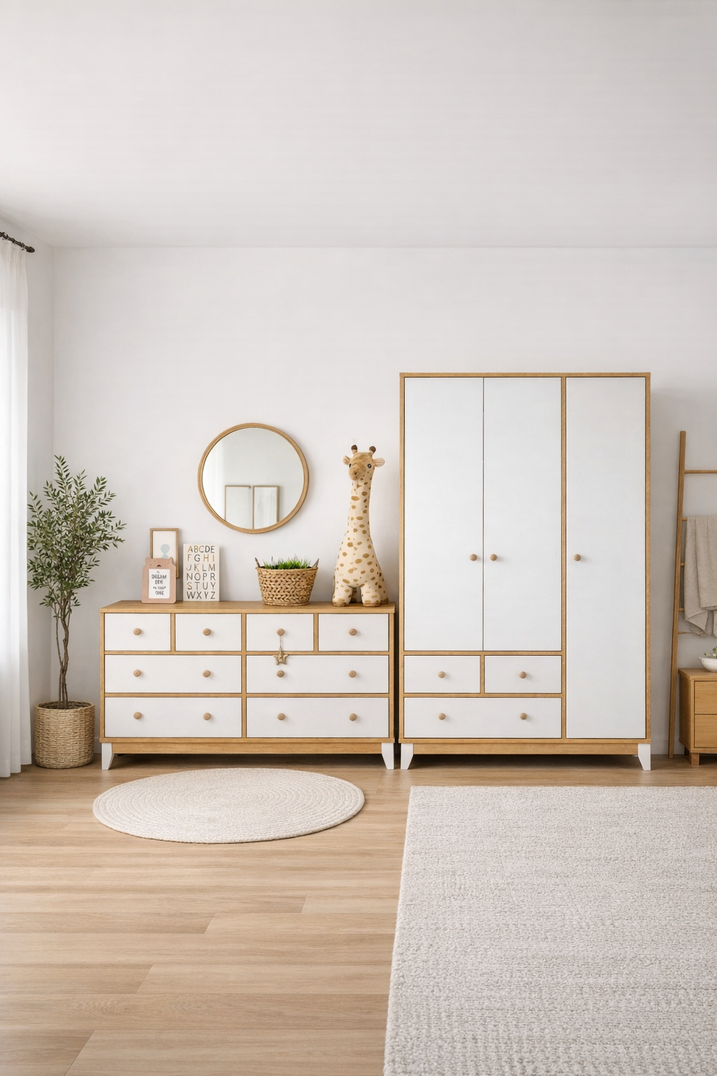 %100 MDF Bonnie Ahşap Beyaz Maxi ( Large ) Bebek Odası Takımı ( 3 Kapılı Dolap & 8 Çekmeceli Şifonyer & 80x130 ( 80x180 ) Büyüyen Beşik