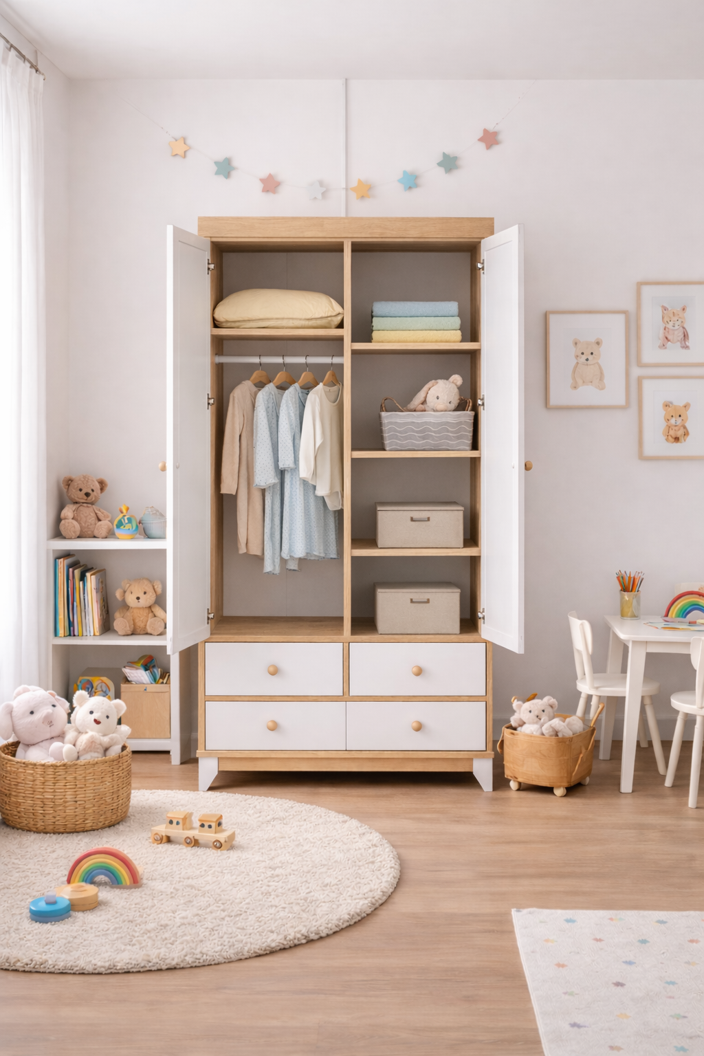 %100 MDF Bonnie Ahşap Beyaz Mini (Large) Bebek Odası (2 Kapılı Dolap& 8 Çekmece Şifonyer & 80x130 Büyüyen Beşik)