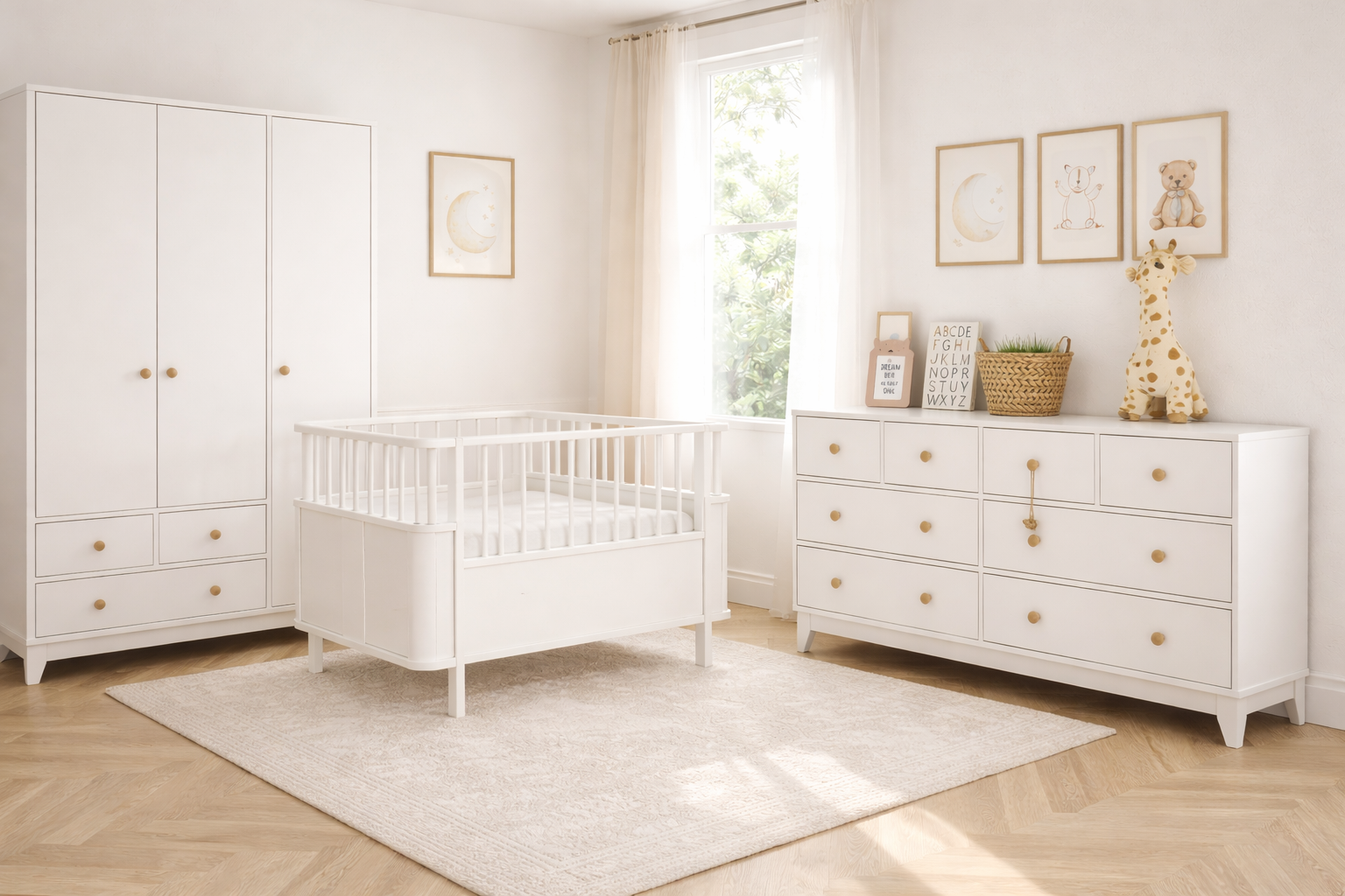 %100 MDF Bonnie Maxi ( Large ) Bebek Odası Takımı ( 3 Kapılı Dolap & 8 Çekmeceli Şifonyer & 80x130 ( 80x180 ) Büyüyen Beşik