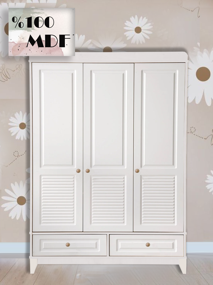%100 MDF Panjur Beyaz 3 Kapılı Dolap & Şifonyer