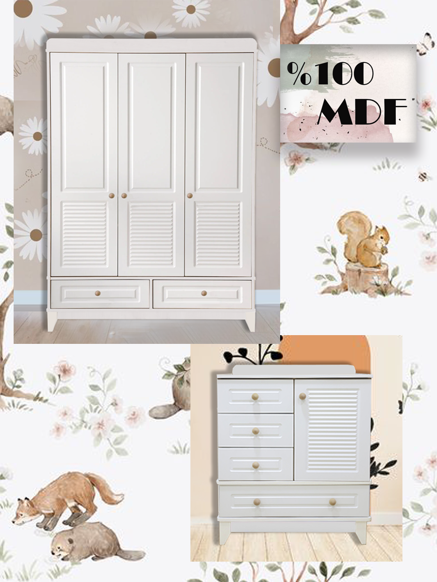 %100 MDF Panjur Beyaz 3 Kapılı Dolap & Şifonyer