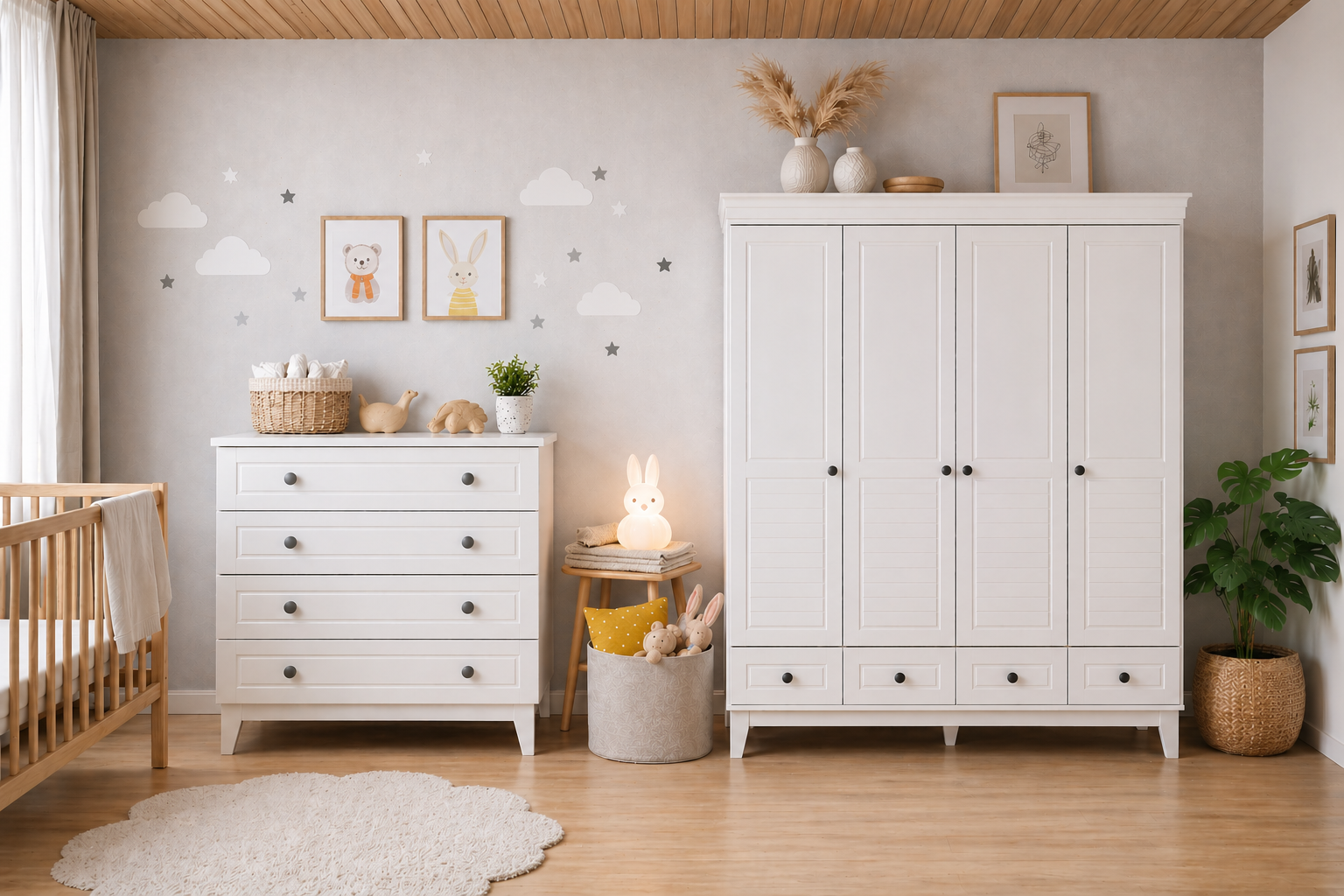 %100 MDF Stella Beyaz 4 Kapılı Dolap & Stella Beyaz 4 Çekmeceli Şifonyer