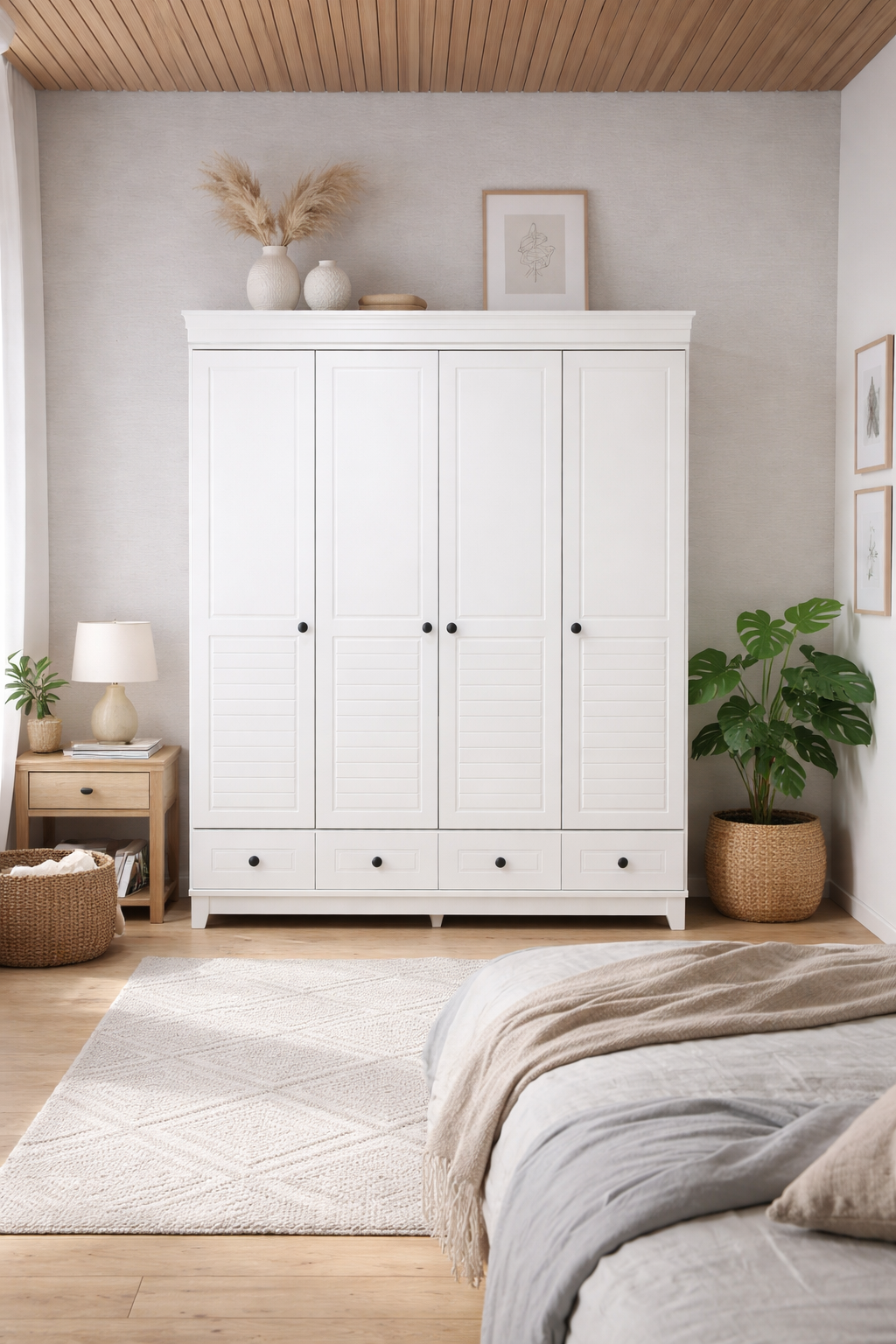 %100 MDF Stella Beyaz 4 Kapılı Dolap & Stella Beyaz 4 Çekmeceli Şifonyer