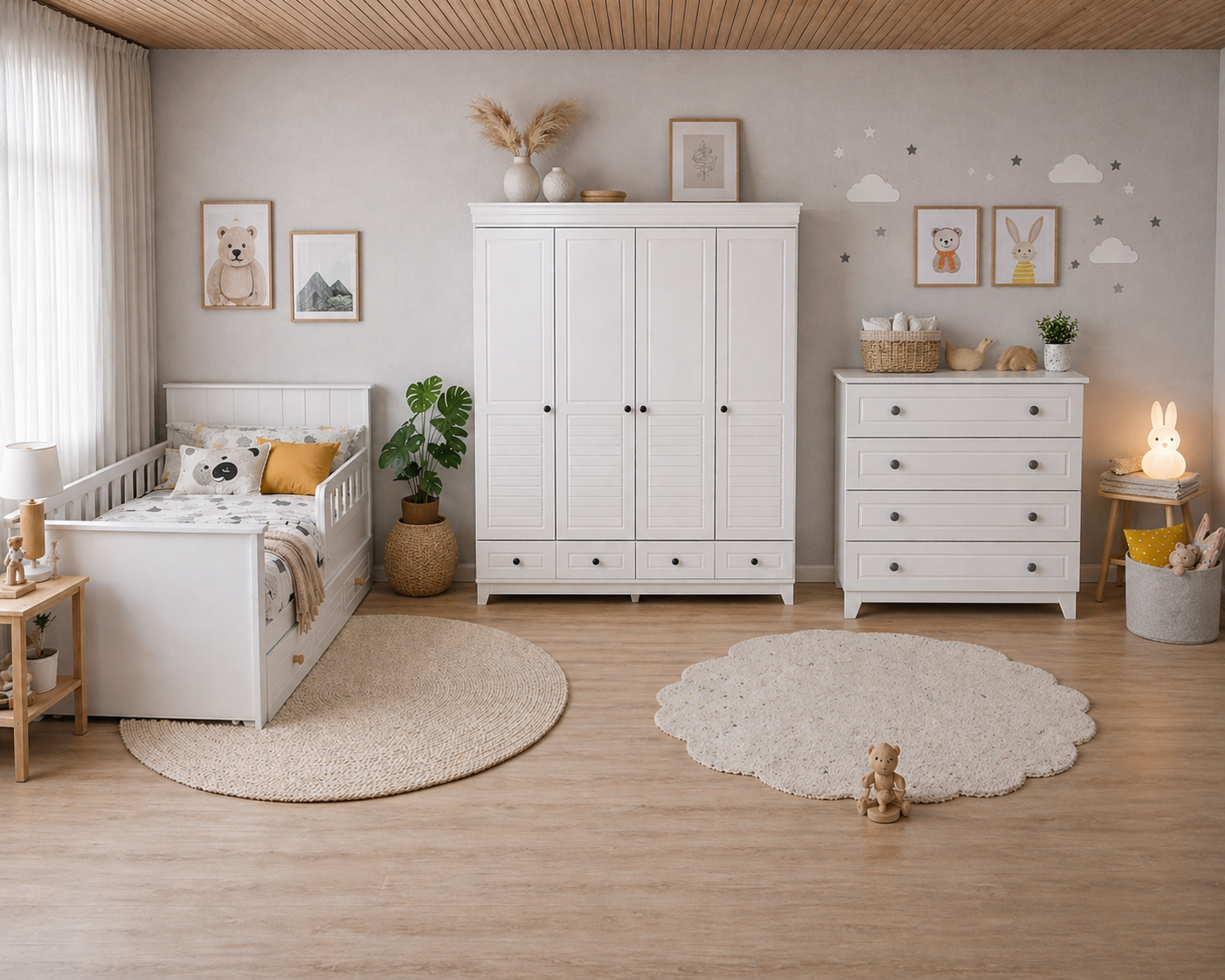 %100 MDF Stella Beyaz Mega Takım 4 Kapılı Dolap & 90x190 Kapitoneli Karyola & Şifonyer