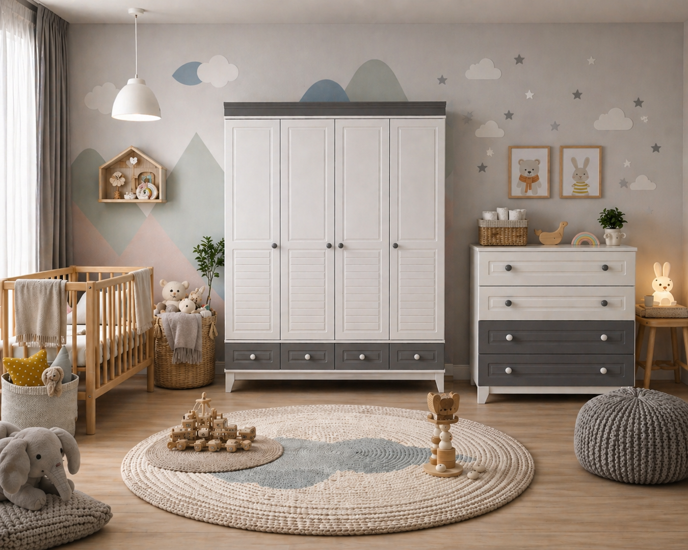 %100 MDF Stella Gri 4 Kapılı Dolap & Stella Gri 4 Çekmeceli Şİfonyer