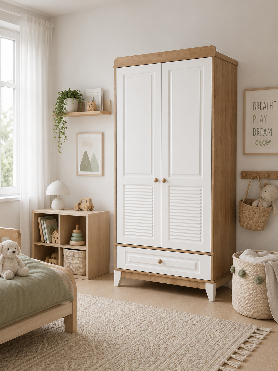 Panjur Ahşap Beyaz Full MDF 2 Kapılı Bebek & Çocuk Gardırop