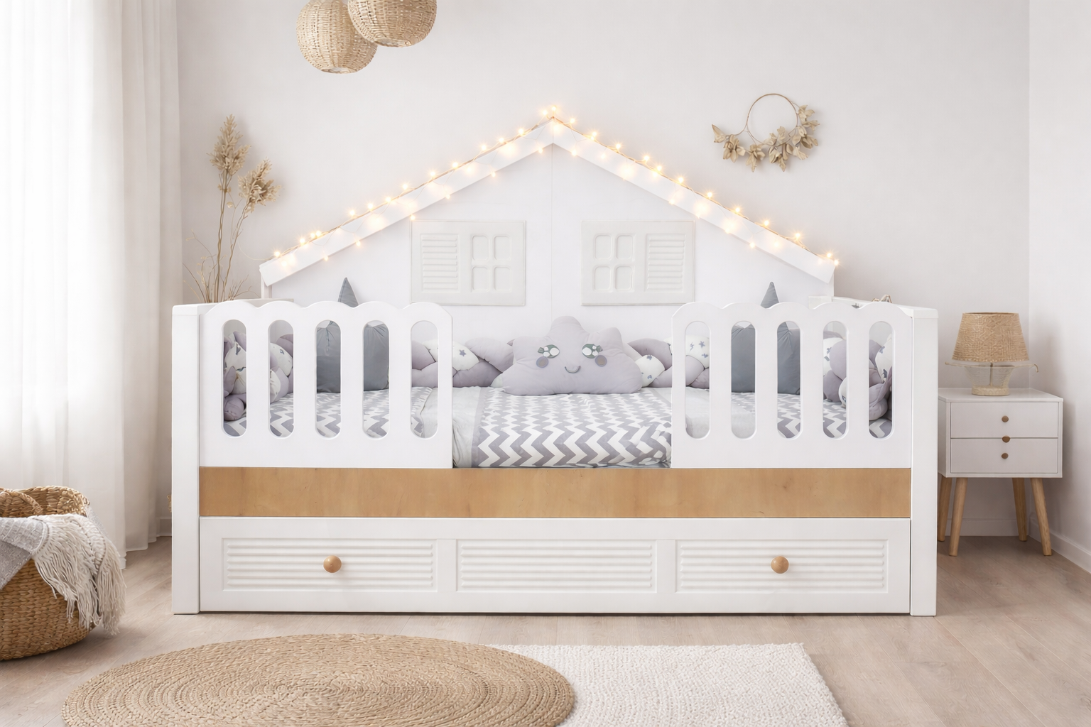 Panjur Ahşap Beyaz Full MDF 90x190 Duvar Çatılı Yavrulu Karyola
