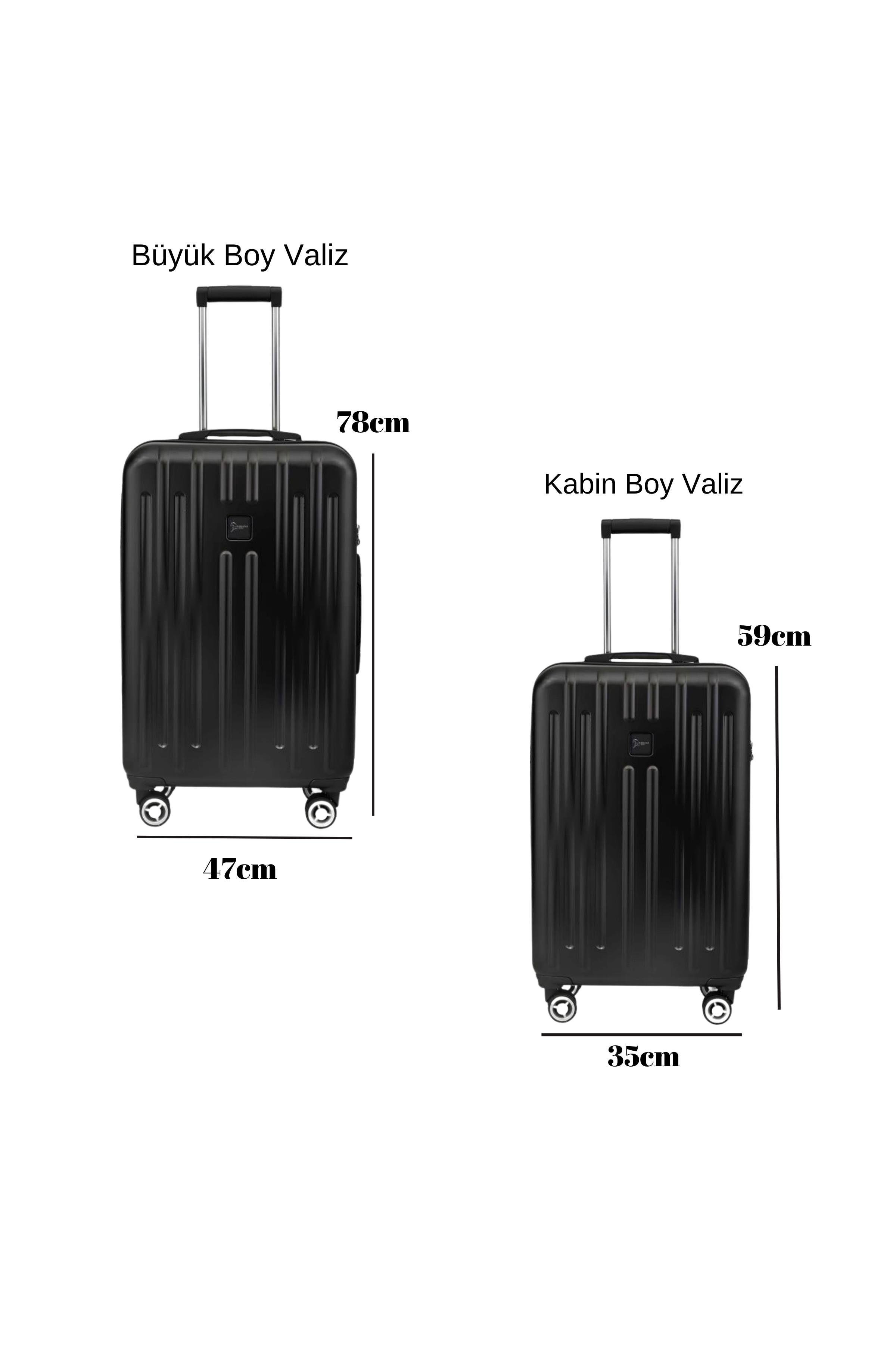 2'li Valiz Seti Polikarbon Büyük Boy – Kabin Boy Valiz Parlak Siyah 1810