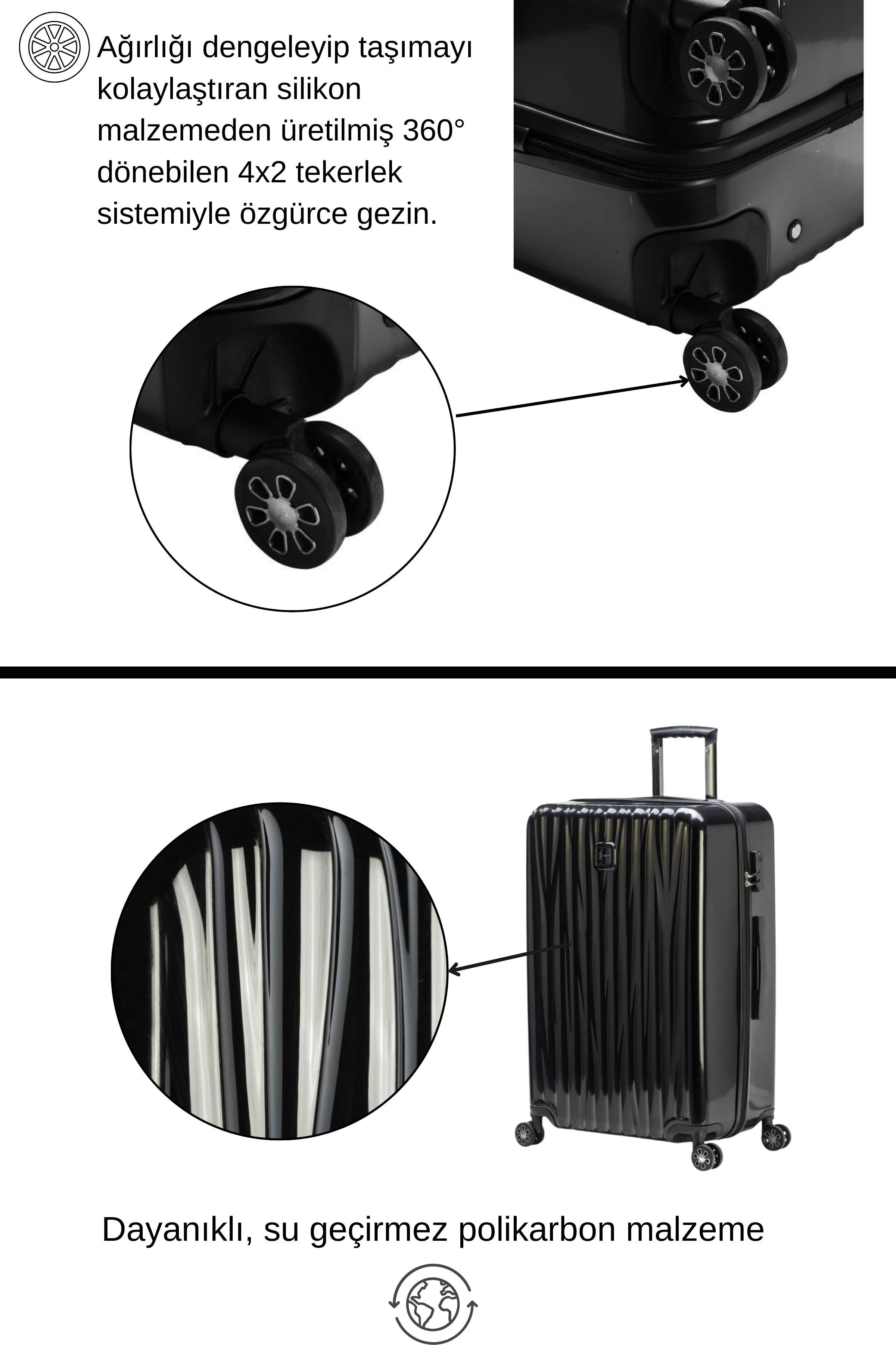 2'li Valiz Seti Polikarbon Büyük Boy – Kabin Boy Valiz Siyah 1815