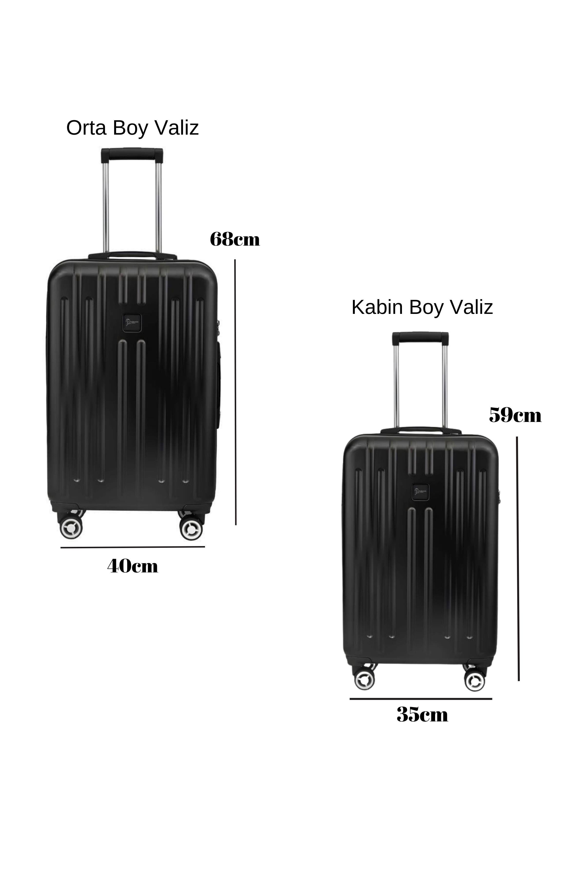 2'li Valiz Seti Polikarbon Orta Boy - Kabin Boy Valiz Parlak Siyah 1810