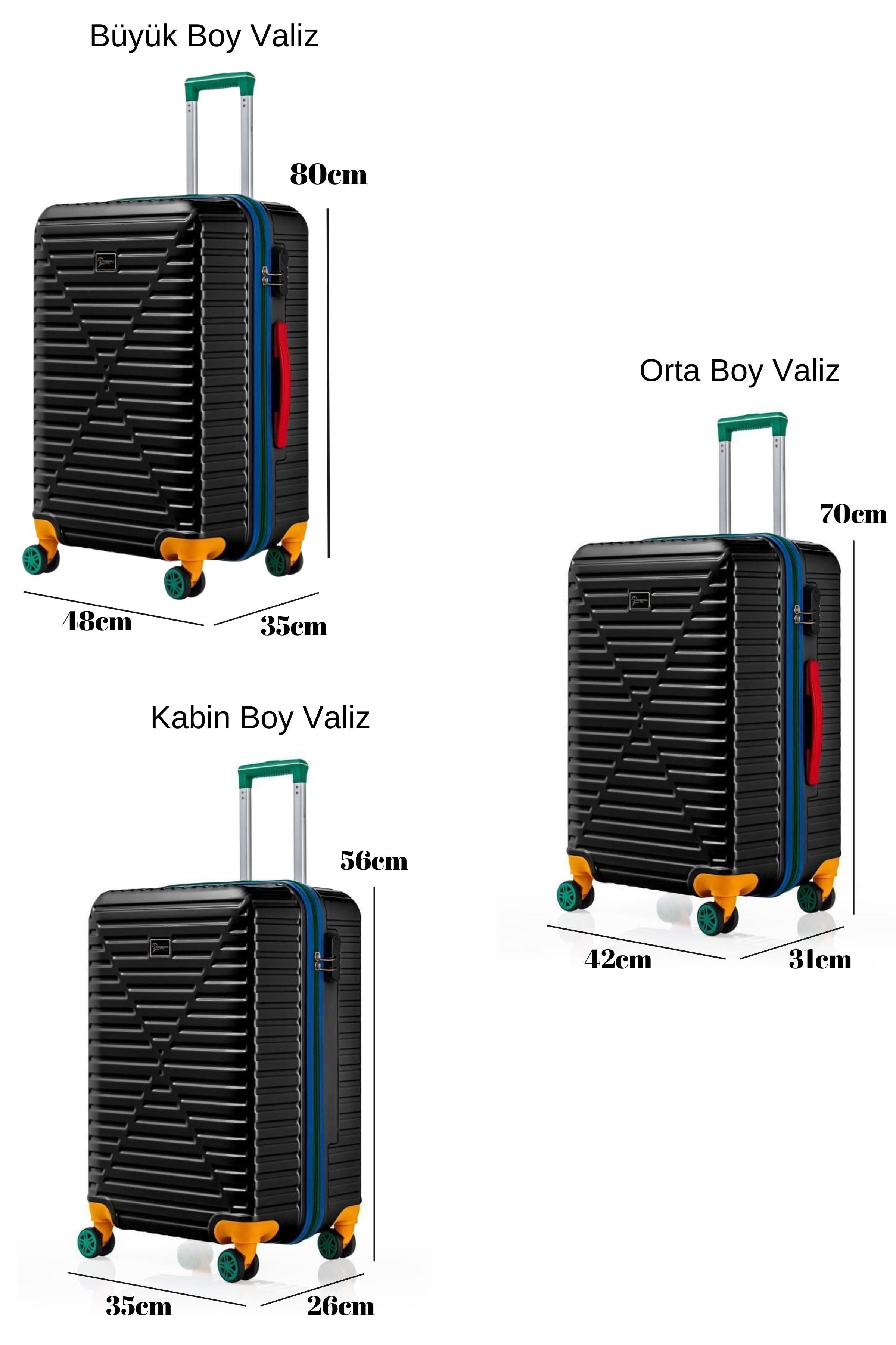 3'lü Valiz Seti %100 Polikarbon Valiz 4x2 Teker Siyah 1088