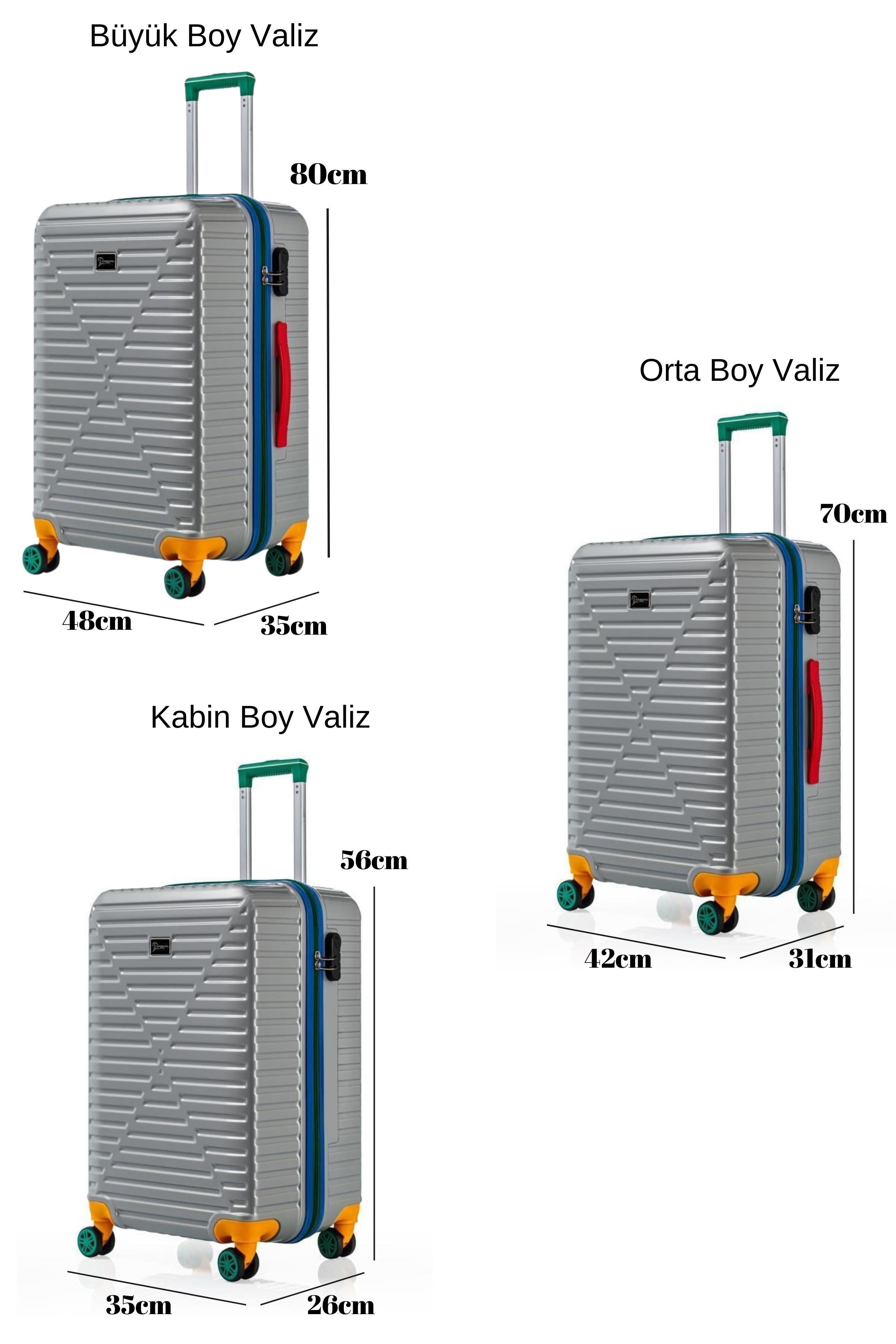 3'lü Valiz Seti %100 Polikarbon Valiz 4x2 Teker Gri 1088