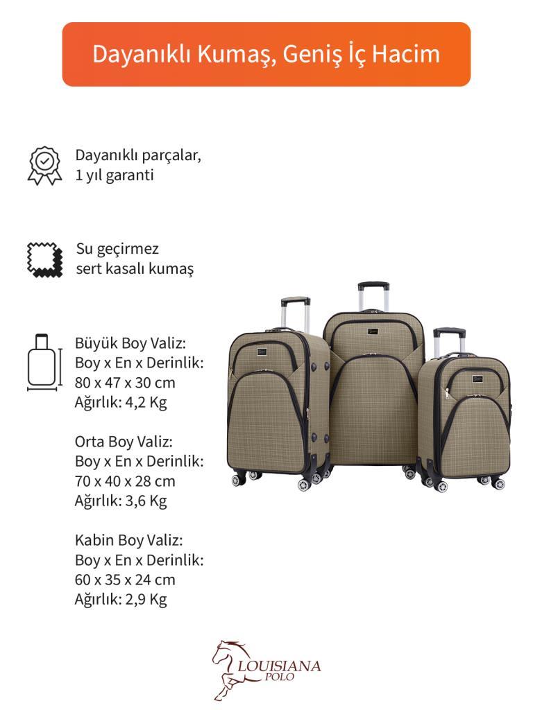 3'lü Valiz Seti 4 Teker Kumaş Valiz Bej 1081