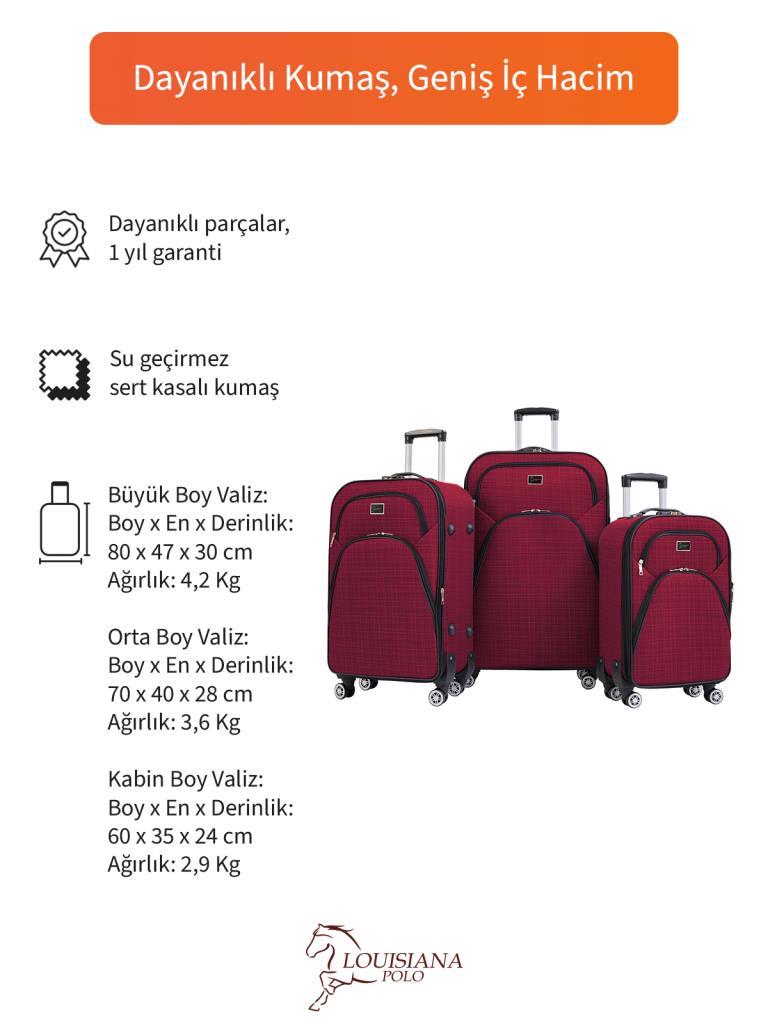 3'lü Valiz Seti 4 Teker Kumaş Valiz Bordo 1081