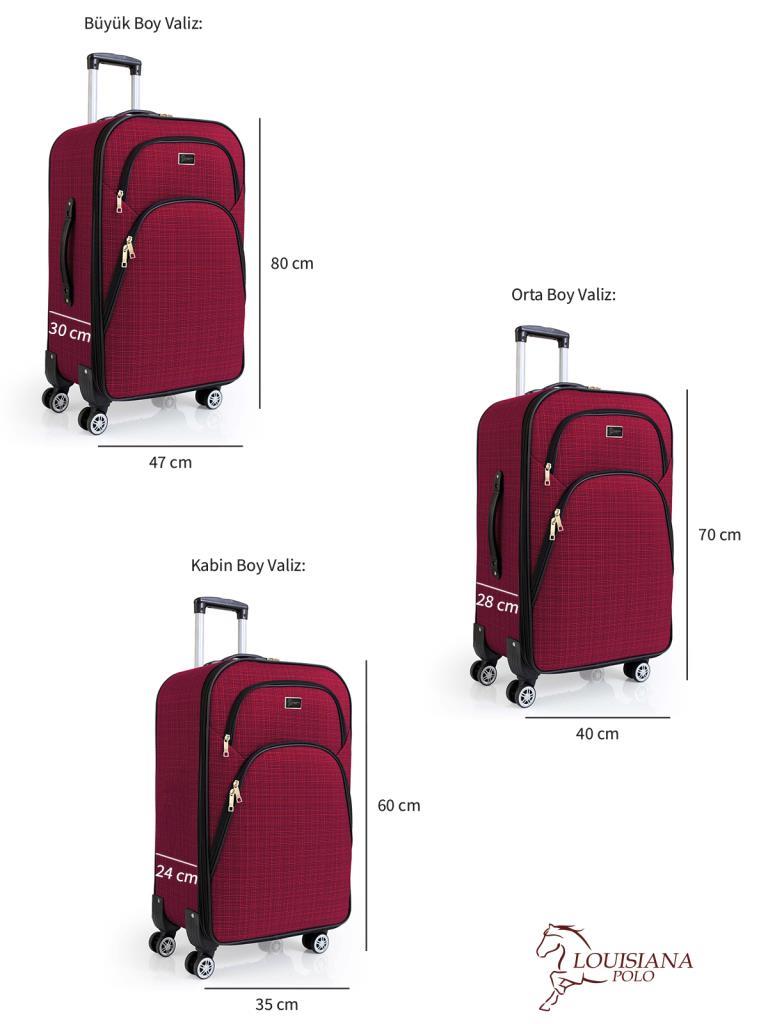 3'lü Valiz Seti 4 Teker Kumaş Valiz Bordo 1081