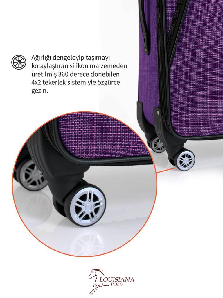 3'lü Valiz Seti 4 Teker Kumaş Valiz Mor 1081