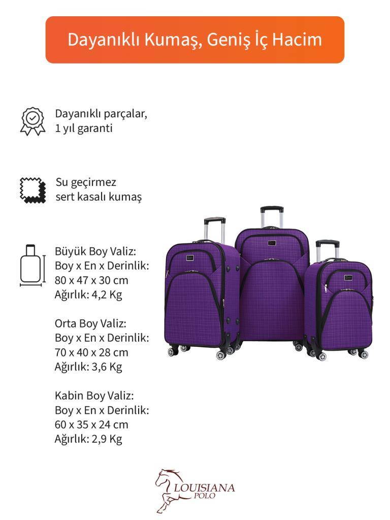 3'lü Valiz Seti 4 Teker Kumaş Valiz Mor 1081