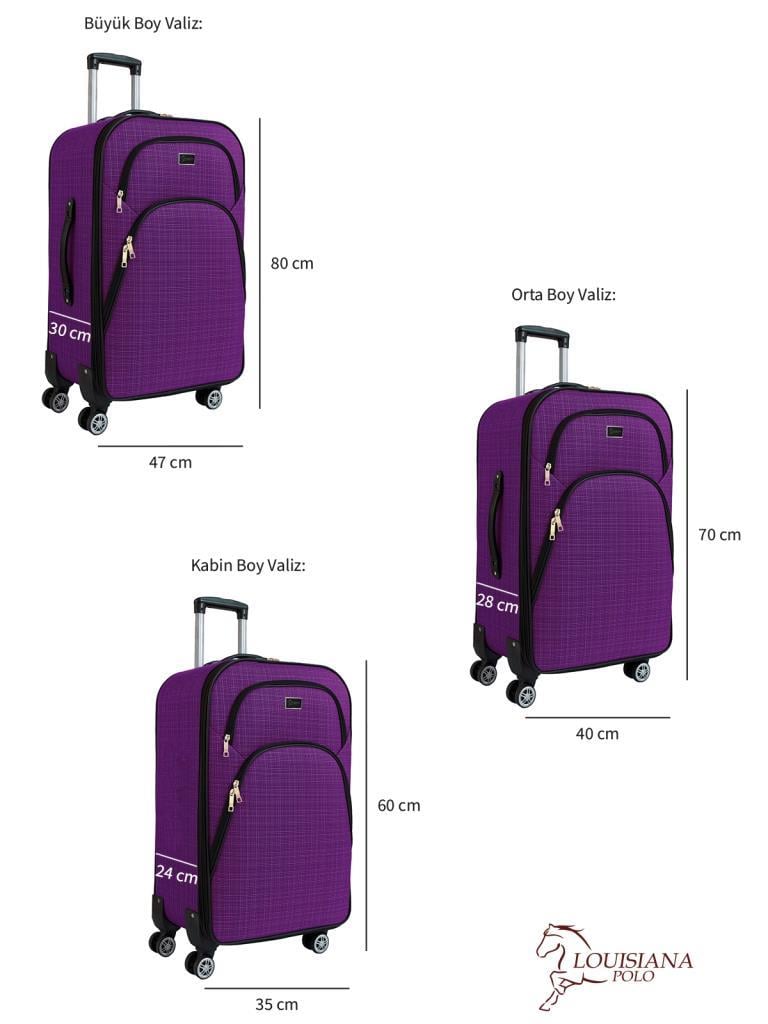 3'lü Valiz Seti 4 Teker Kumaş Valiz Mor 1081
