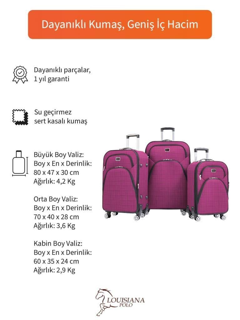 3'lü Valiz Seti 4 Teker Kumaş Valiz Pembe 1081