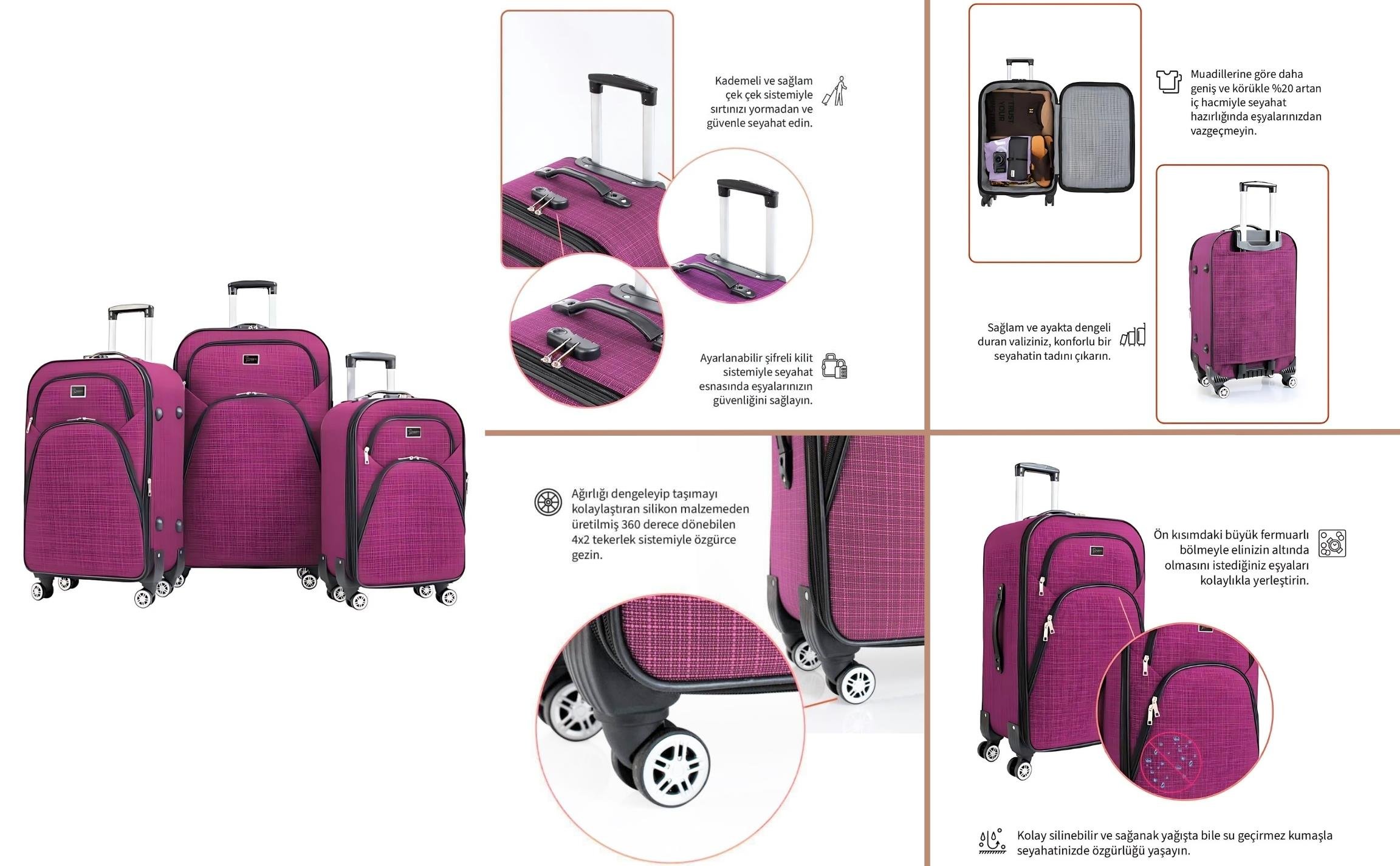 3'lü Valiz Seti 4 Teker Kumaş Valiz Pembe 1081