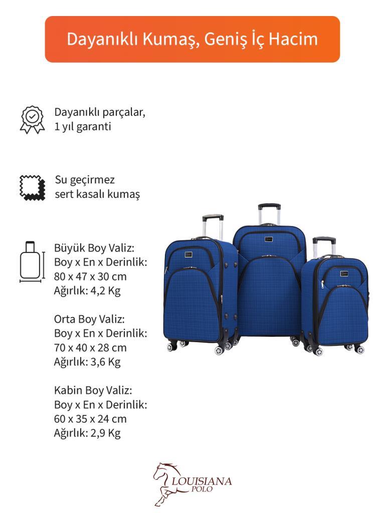 3'lü Valiz Seti 4 Teker Kumaş Valiz Saks Mavi 1081