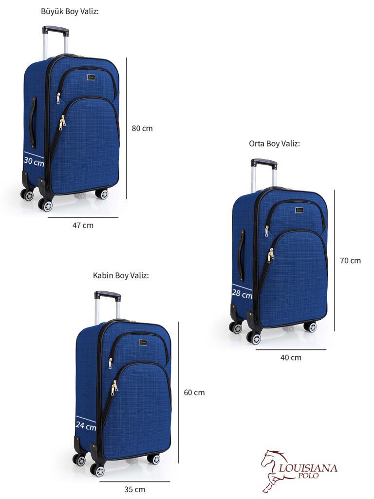 3'lü Valiz Seti 4 Teker Kumaş Valiz Saks Mavi 1081