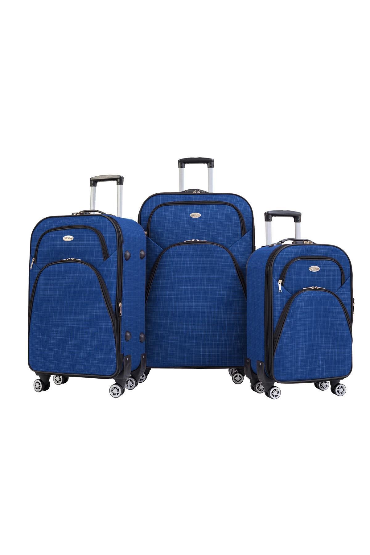 3'lü Valiz Seti 4 Teker Kumaş Valiz Saks Mavi 1081