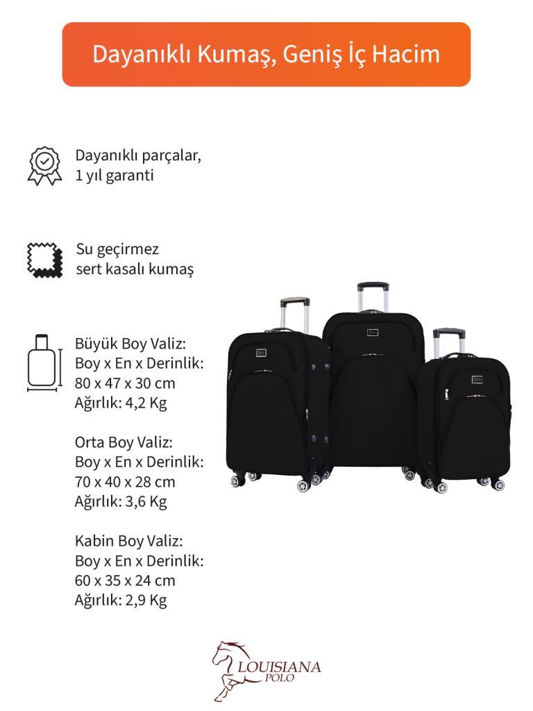 3'lü Valiz Seti 4 Teker Kumaş Valiz Siyah 1081