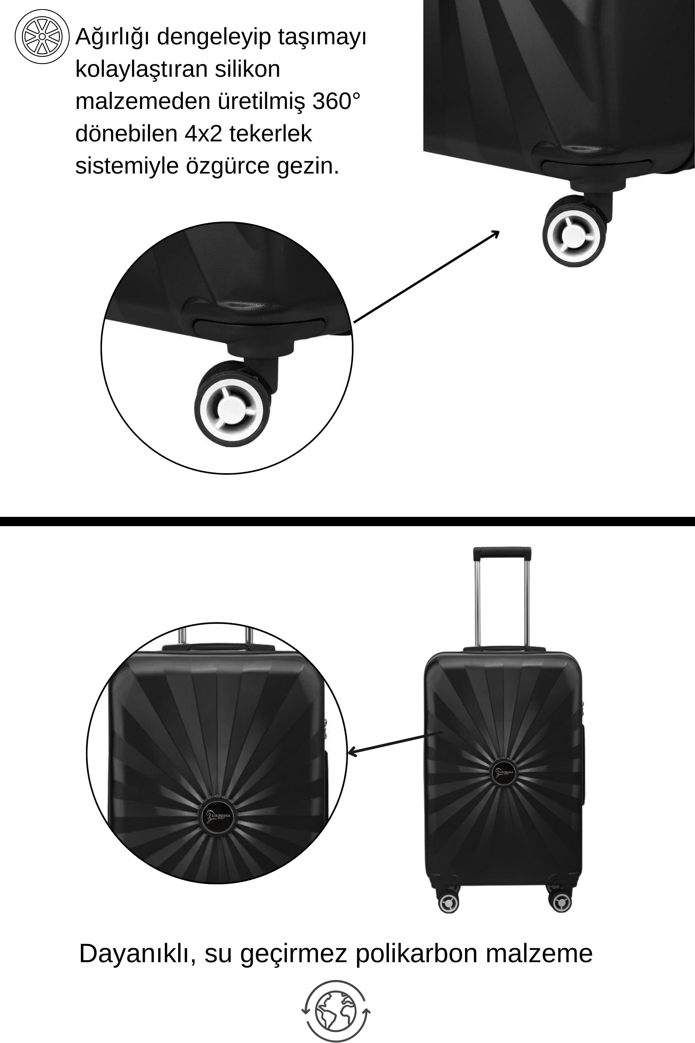 3'lü Valiz Seti Polikarbon Valiz 4x2 Teker Siyah 1809