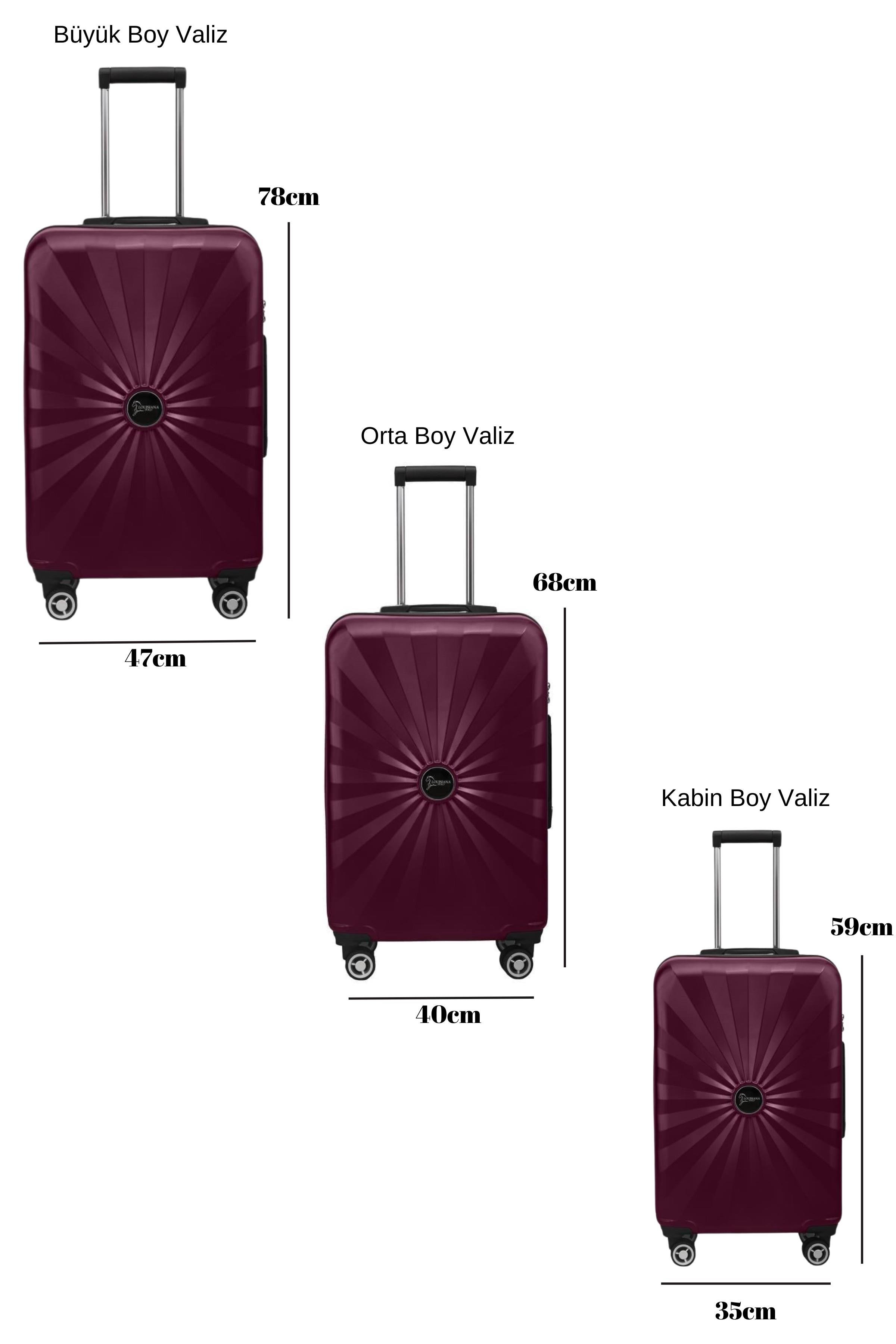 3'lü Valiz Seti Polikarbon Valiz 4x2 Teker Bordo 1809
