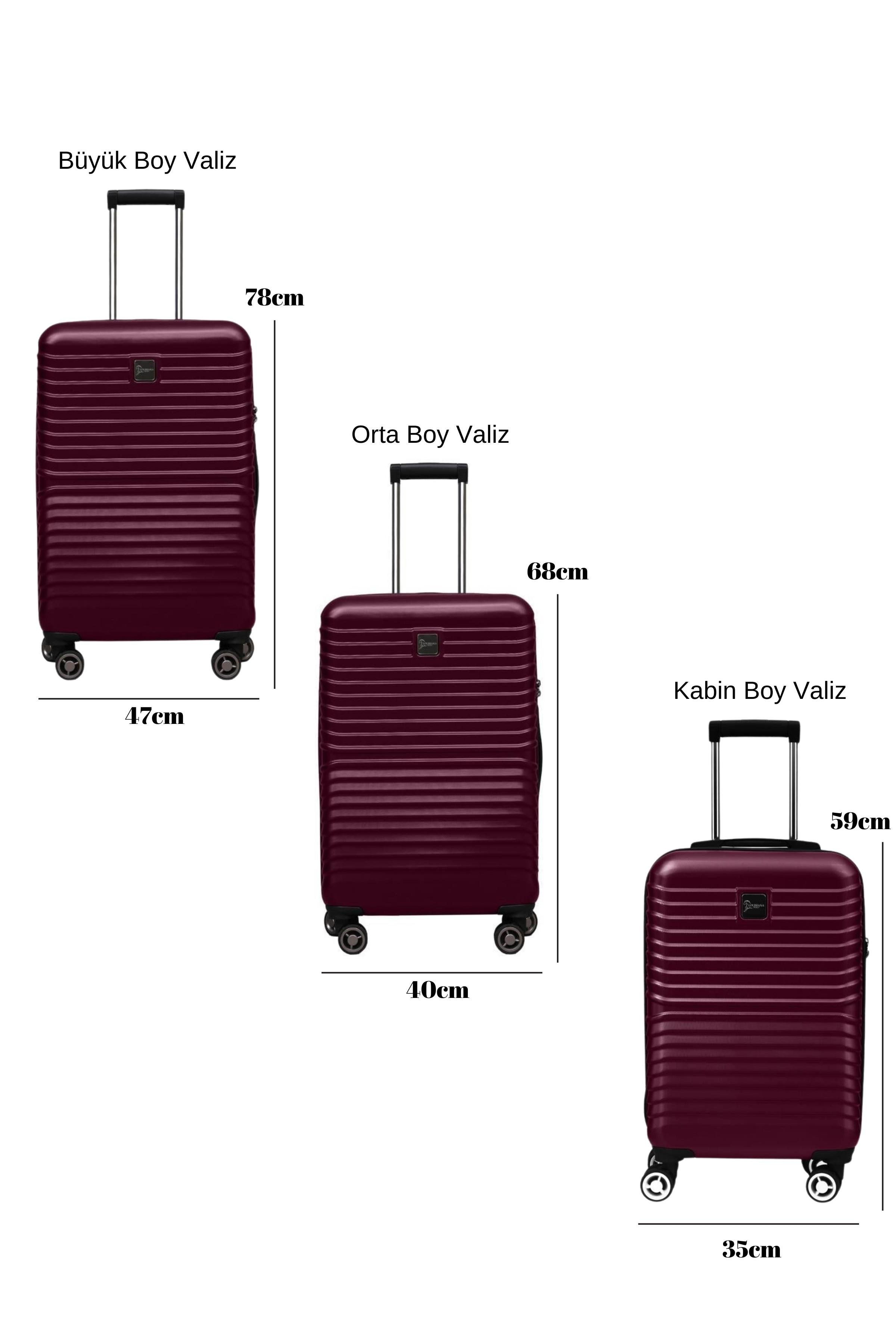 3'lü Valiz Seti Polikarbon Valiz 4x2 Teker Bordo 1811