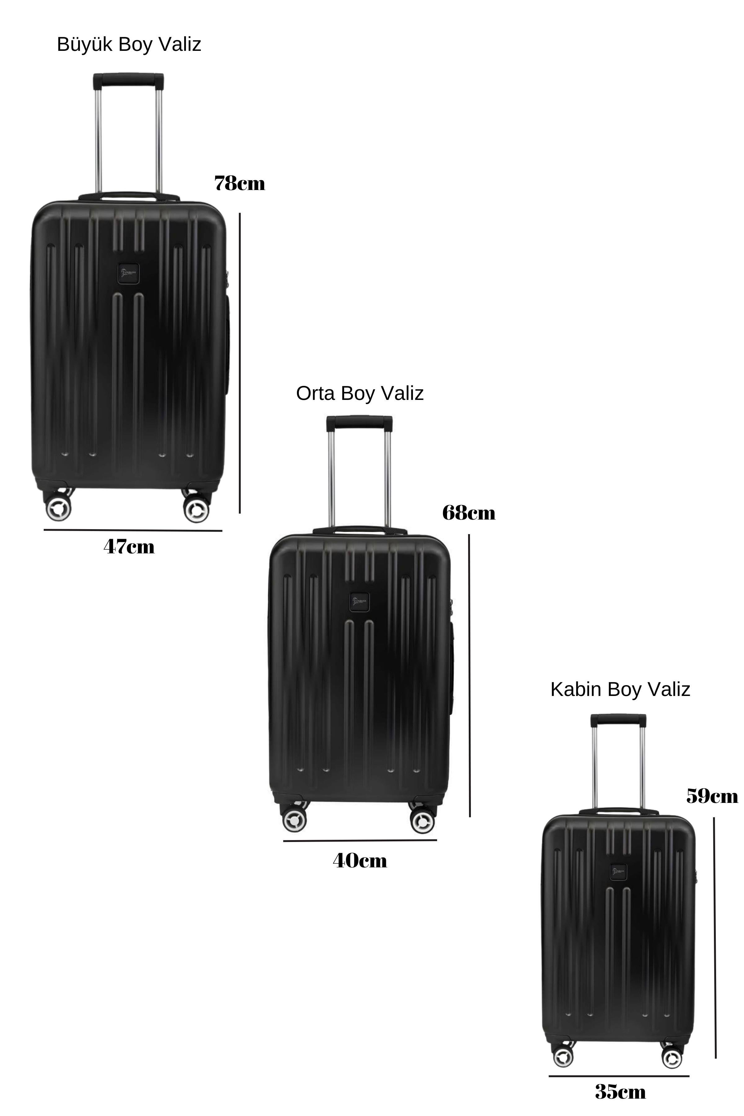 3'lü Valiz Seti Polikarbon Valiz 4x2 Teker Parlak Siyah 1810