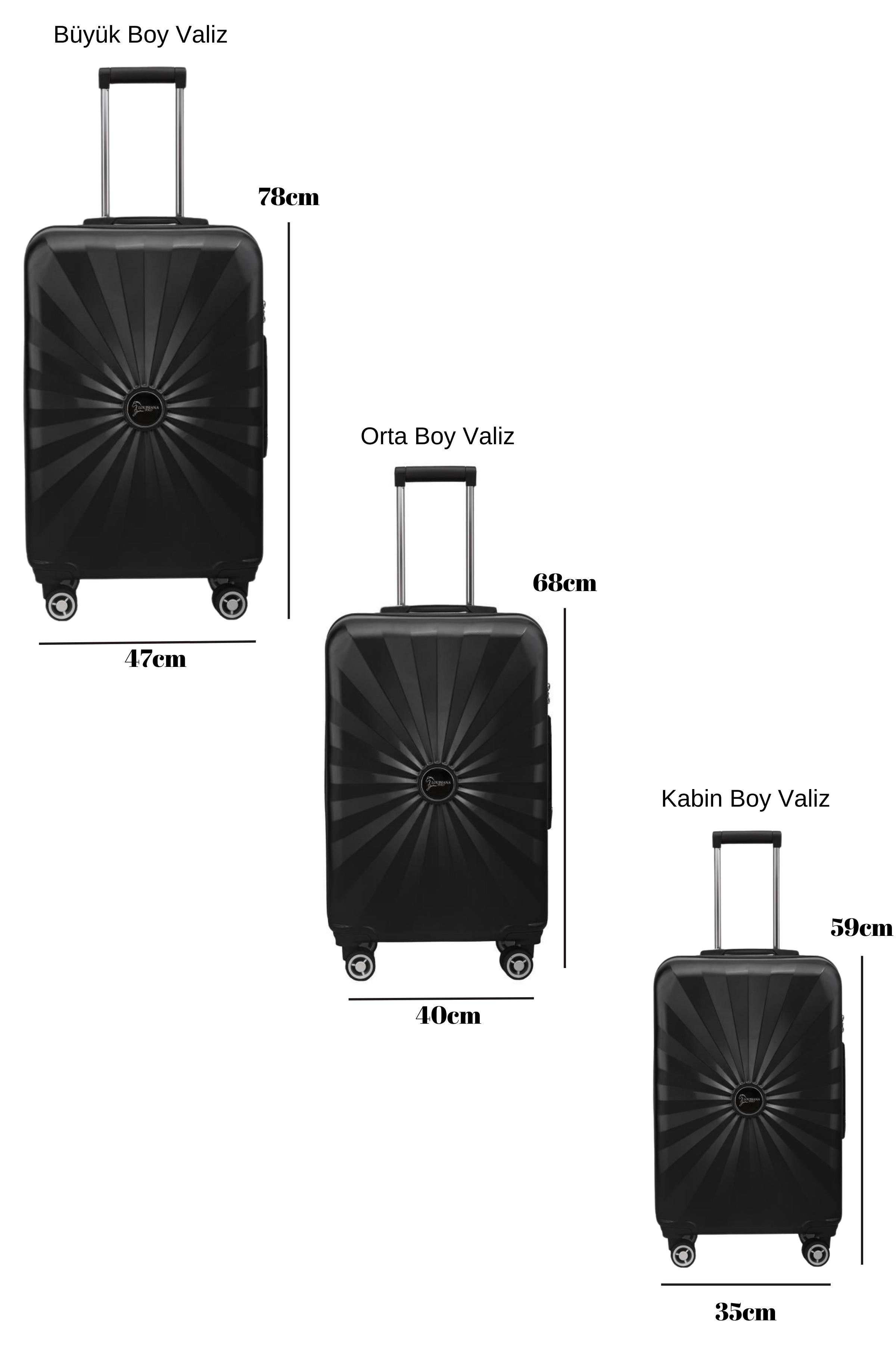 3'lü Valiz Seti Polikarbon Valiz 4x2 Teker Siyah 1809