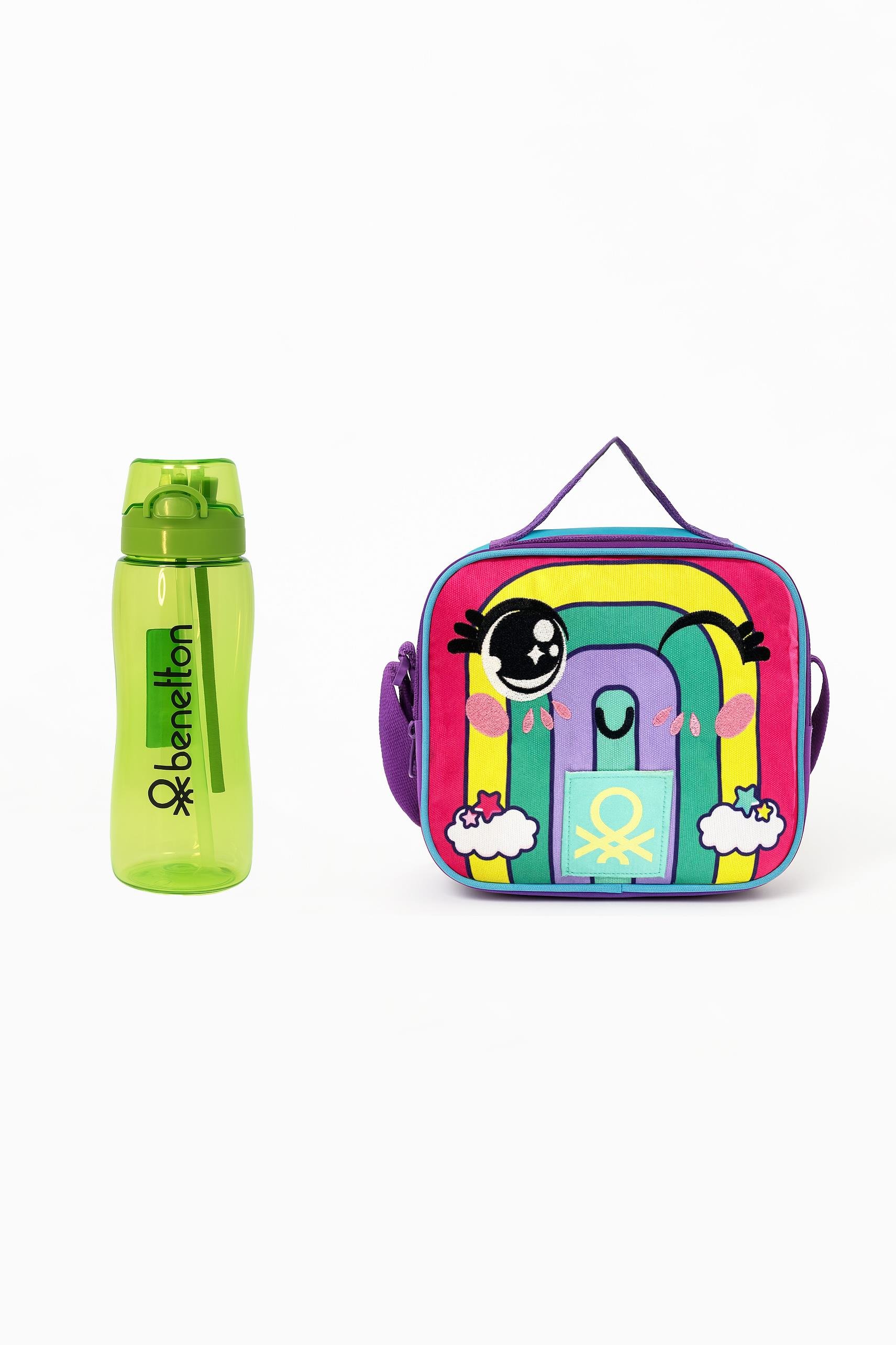 Benetton Gökkuşağı Desenli Okul Seti(Beslenme, Yeşil Matara)