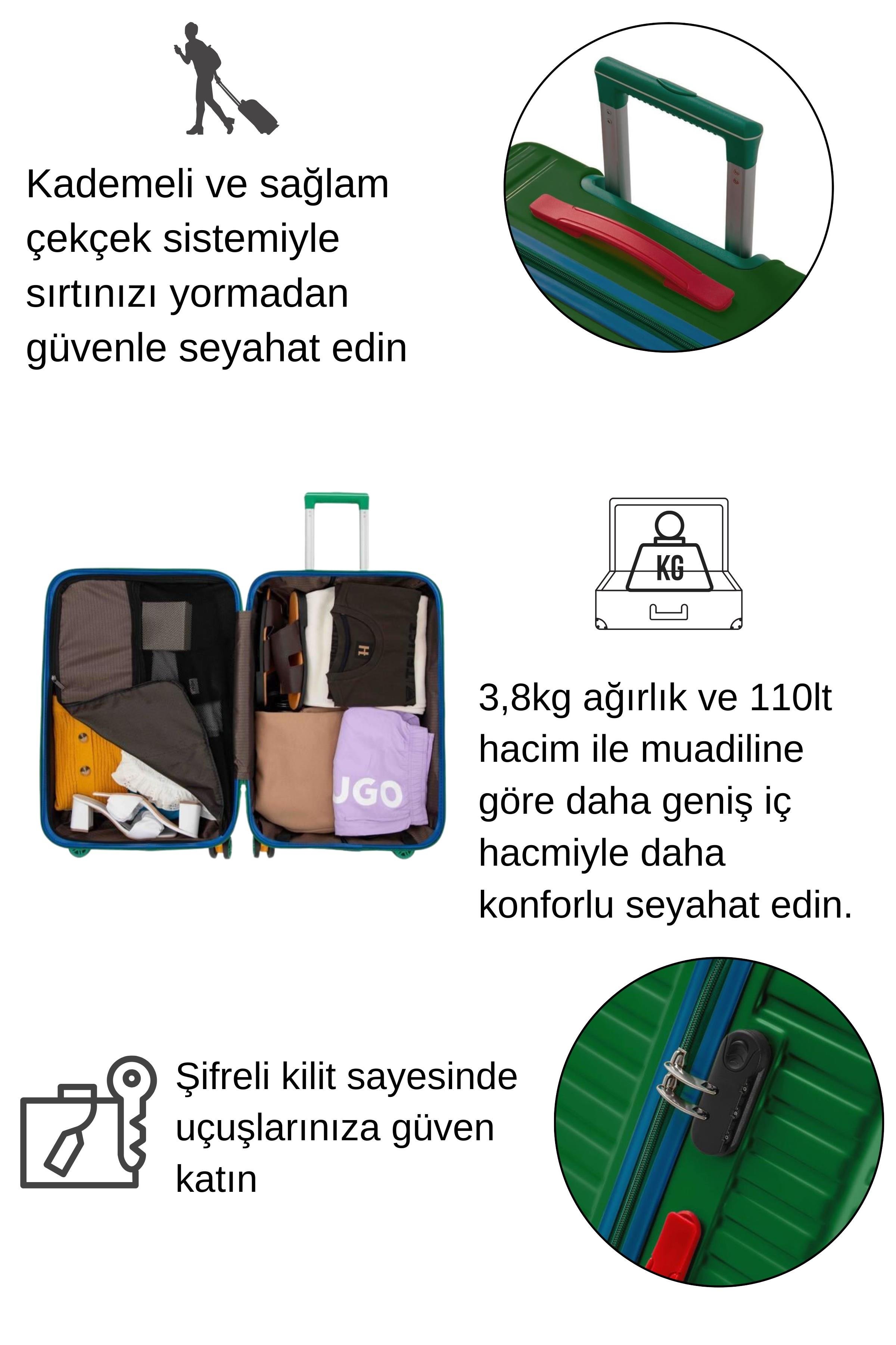 Büyük Boy %100 Polikarbon Valiz 4x2 Teker Yeşil 1088