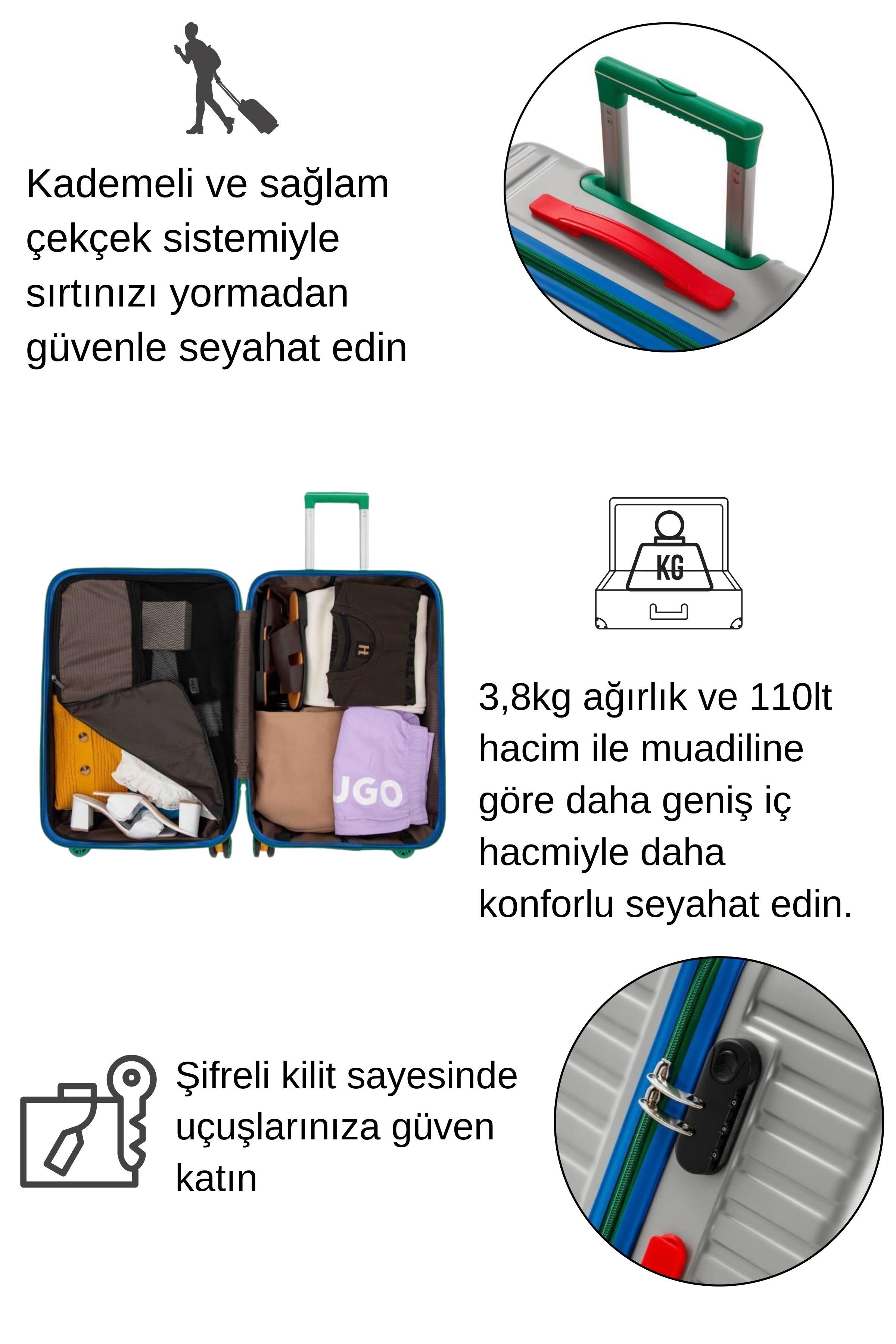 Büyük Boy %100 Polikarbon Valiz 4x2 Teker Gri 1088