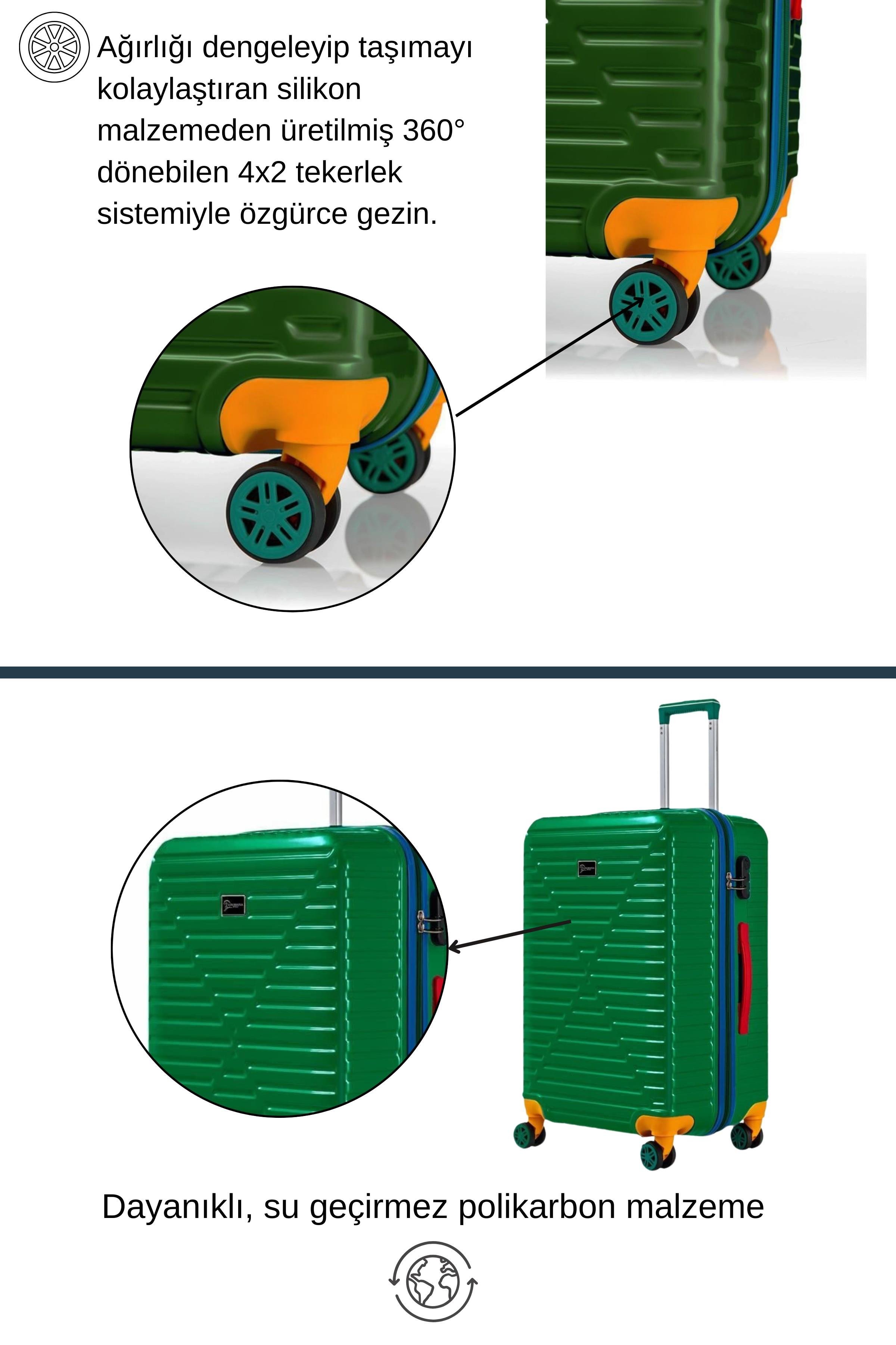 Büyük Boy %100 Polikarbon Valiz 4x2 Teker Yeşil 1088