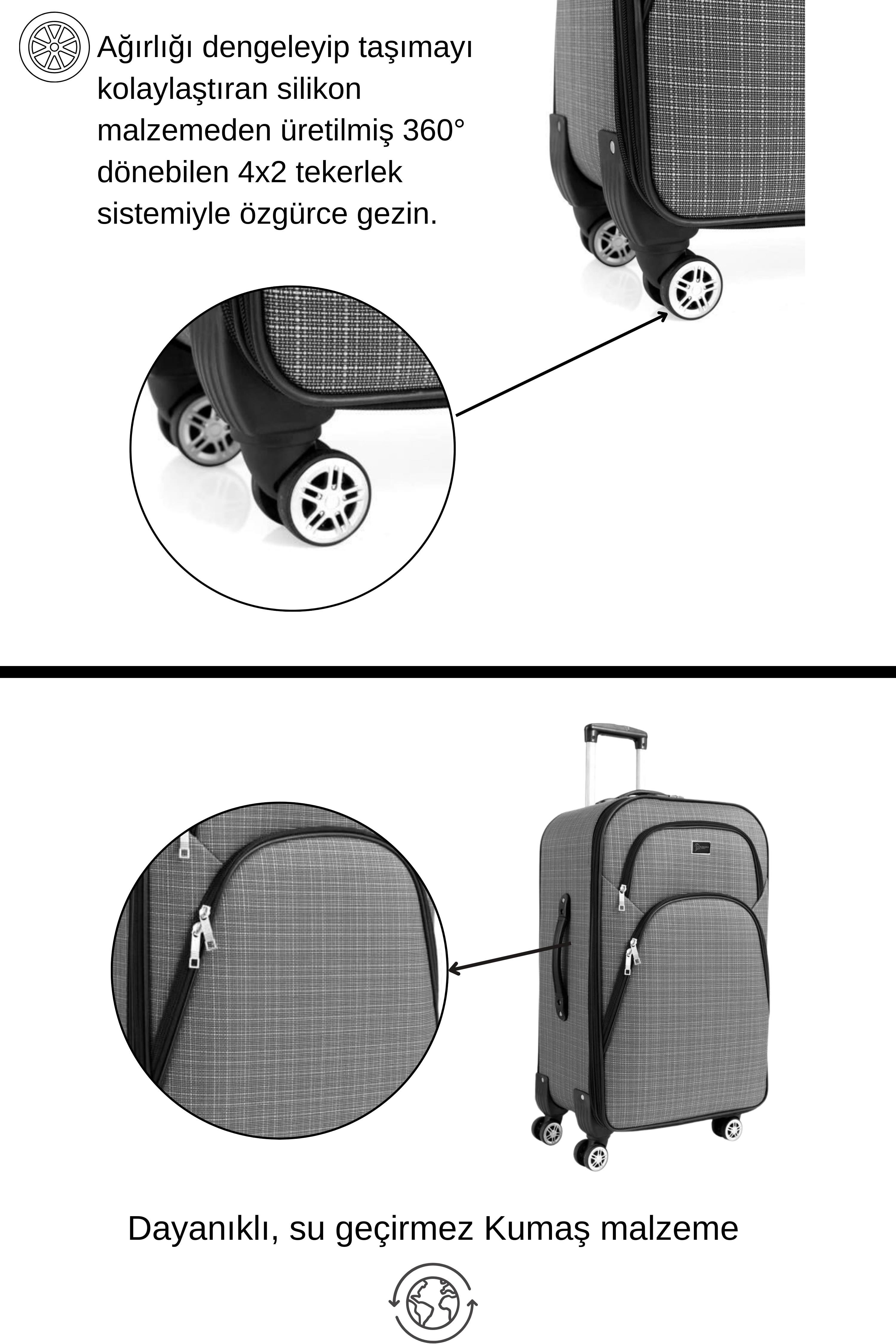 Büyük Boy 4 Teker Kumaş Valiz Gri 1081