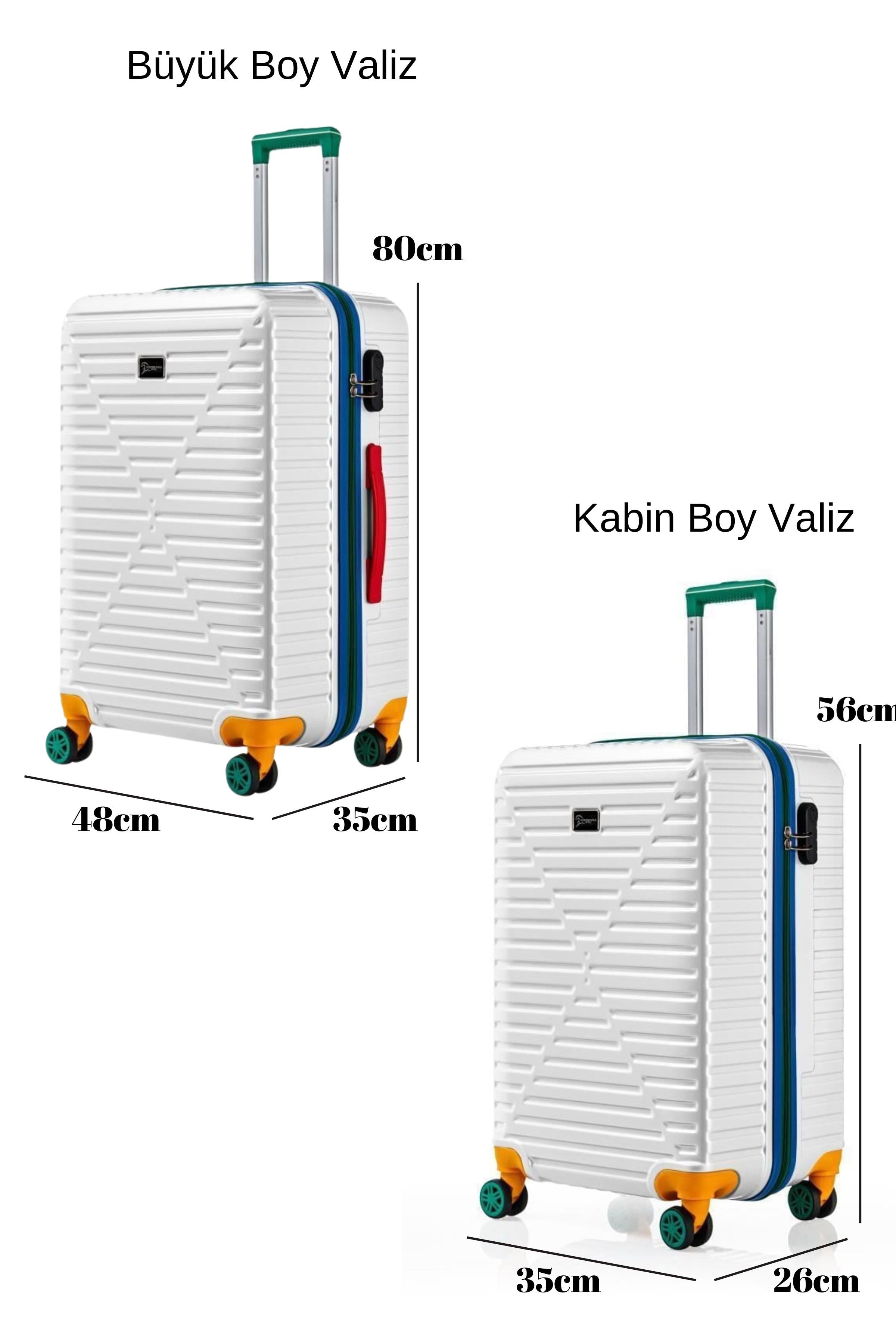 Büyük Ve Kabin Boy 2'li Valiz Seti %100 Polikarbon Valiz 4x2 Teker Beyaz 1088