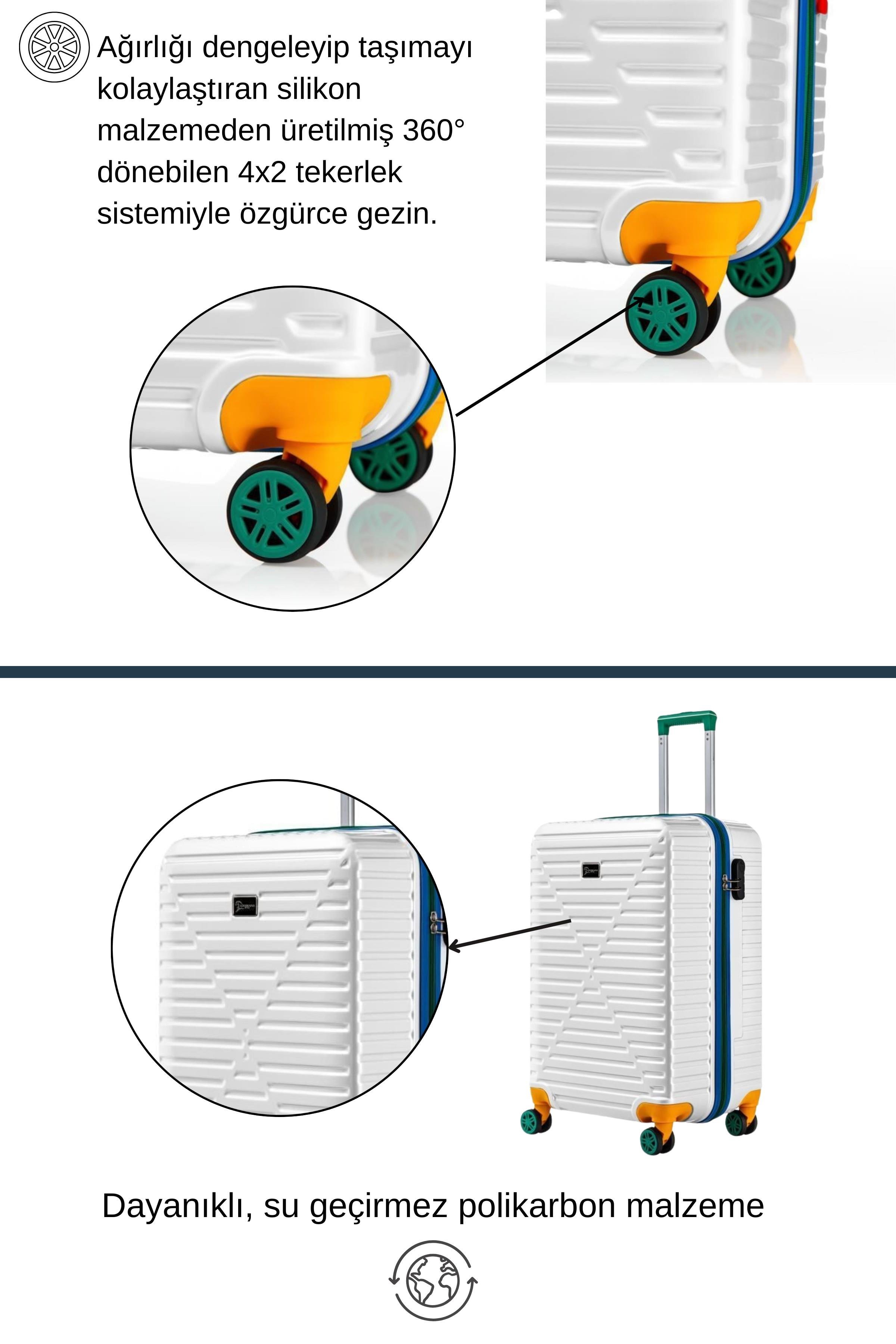 Büyük Ve Kabin Boy 2'li Valiz Seti %100 Polikarbon Valiz 4x2 Teker Beyaz 1088