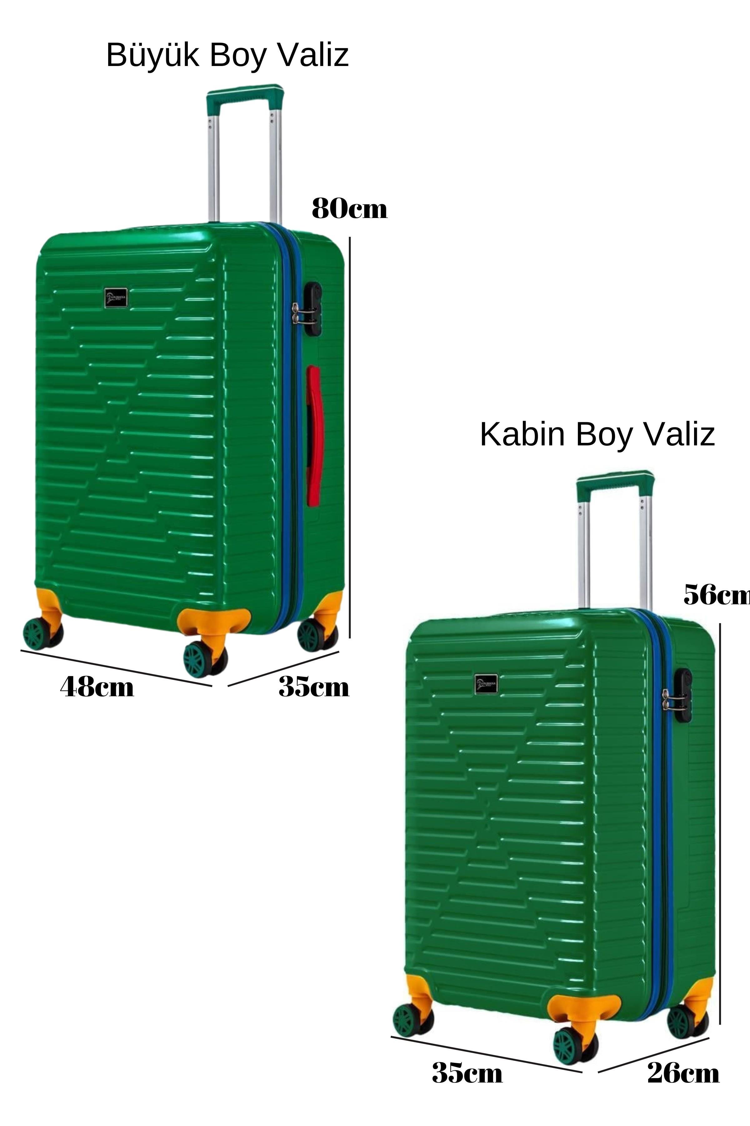Büyük Ve Kabin Boy 2'li Valiz Seti %100 Polikarbon Valiz 4x2 Teker Yeşil 1088